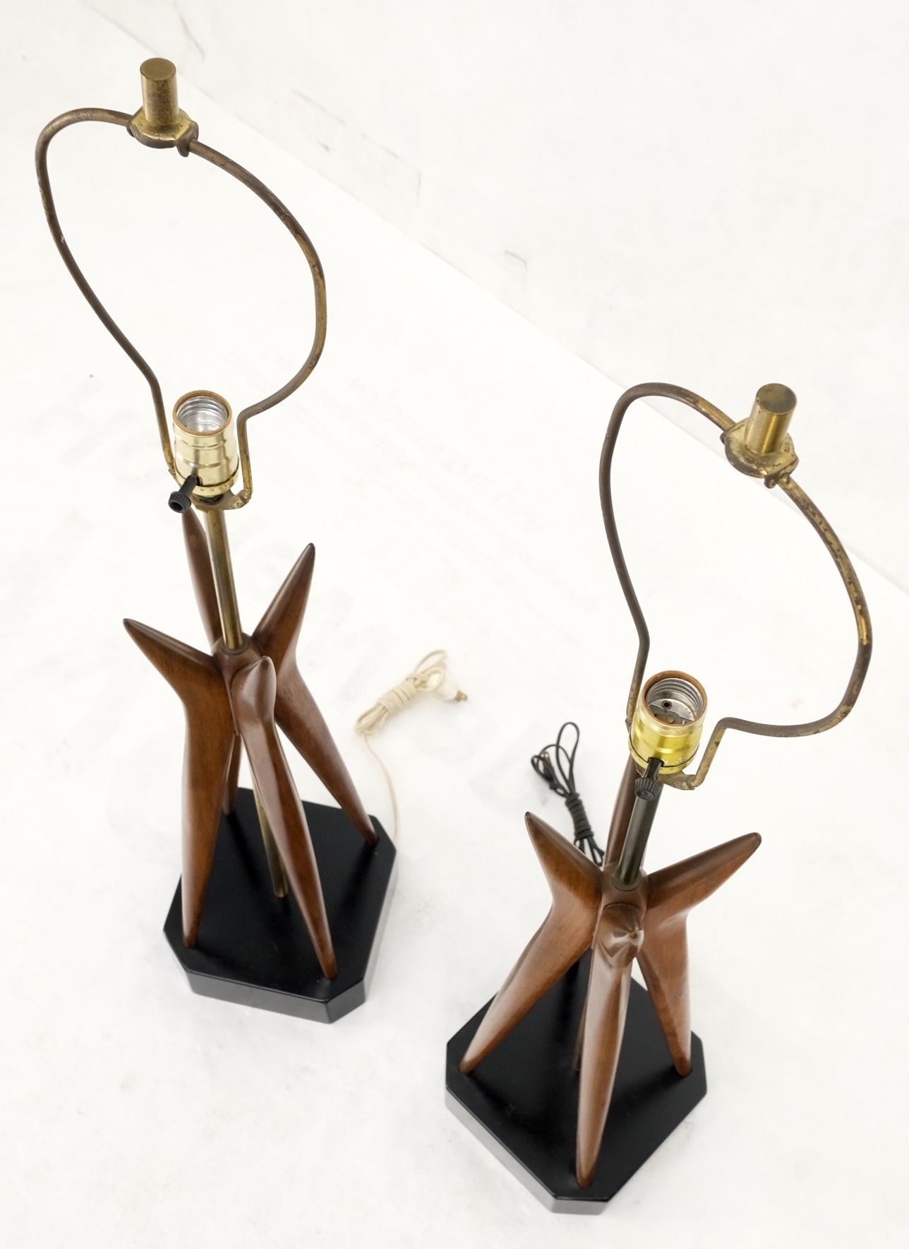 EstablishedLines Pair Carved Oiled Walnut Star Bursting Sputnik Shape Bases Table Lamps Mint!