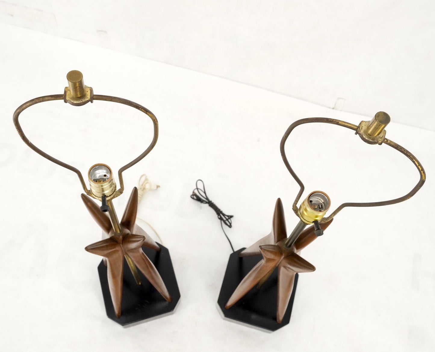 EstablishedLines Pair Carved Oiled Walnut Star Bursting Sputnik Shape Bases Table Lamps Mint!
