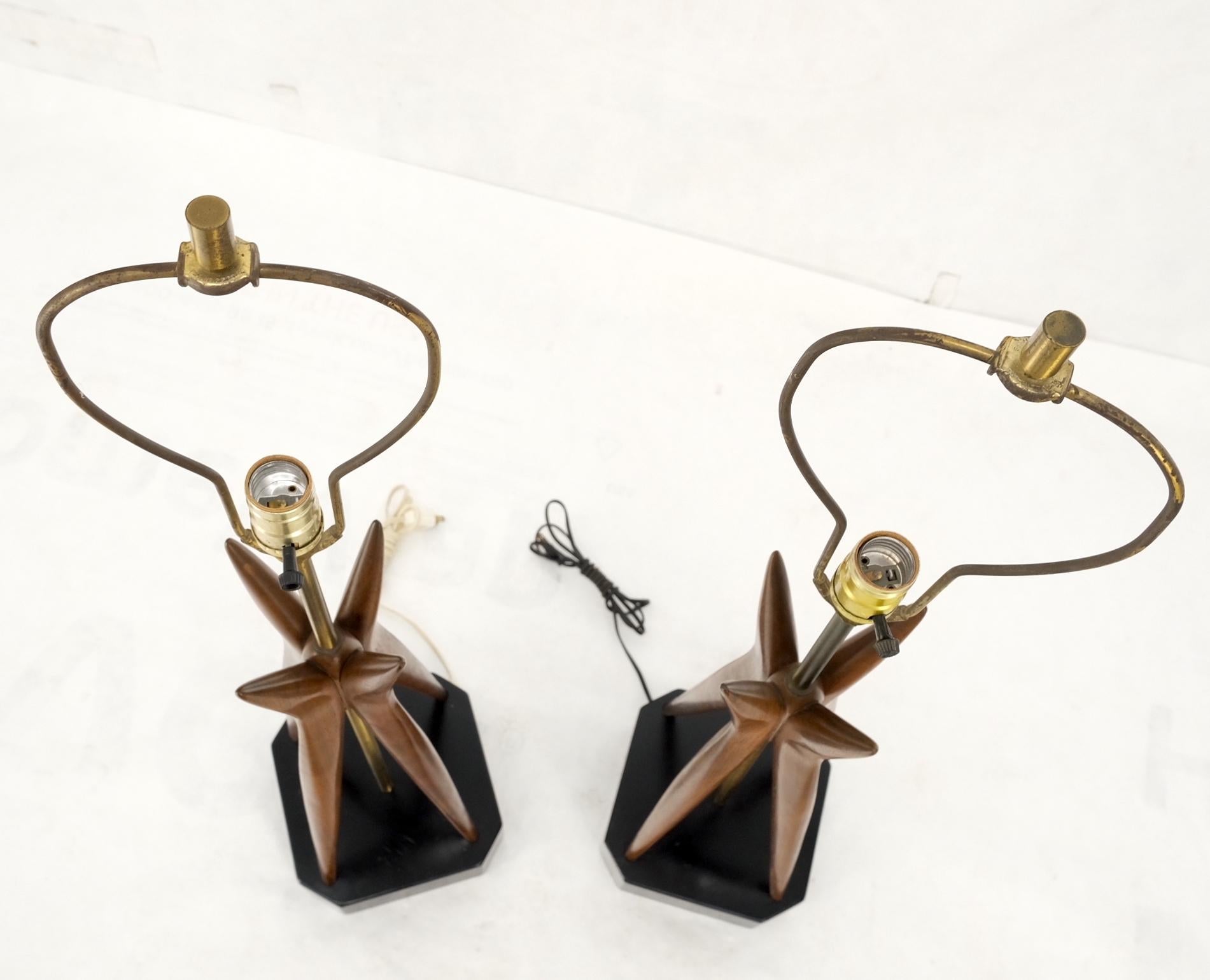 EstablishedLines Pair Carved Oiled Walnut Star Bursting Sputnik Shape Bases Table Lamps Mint!