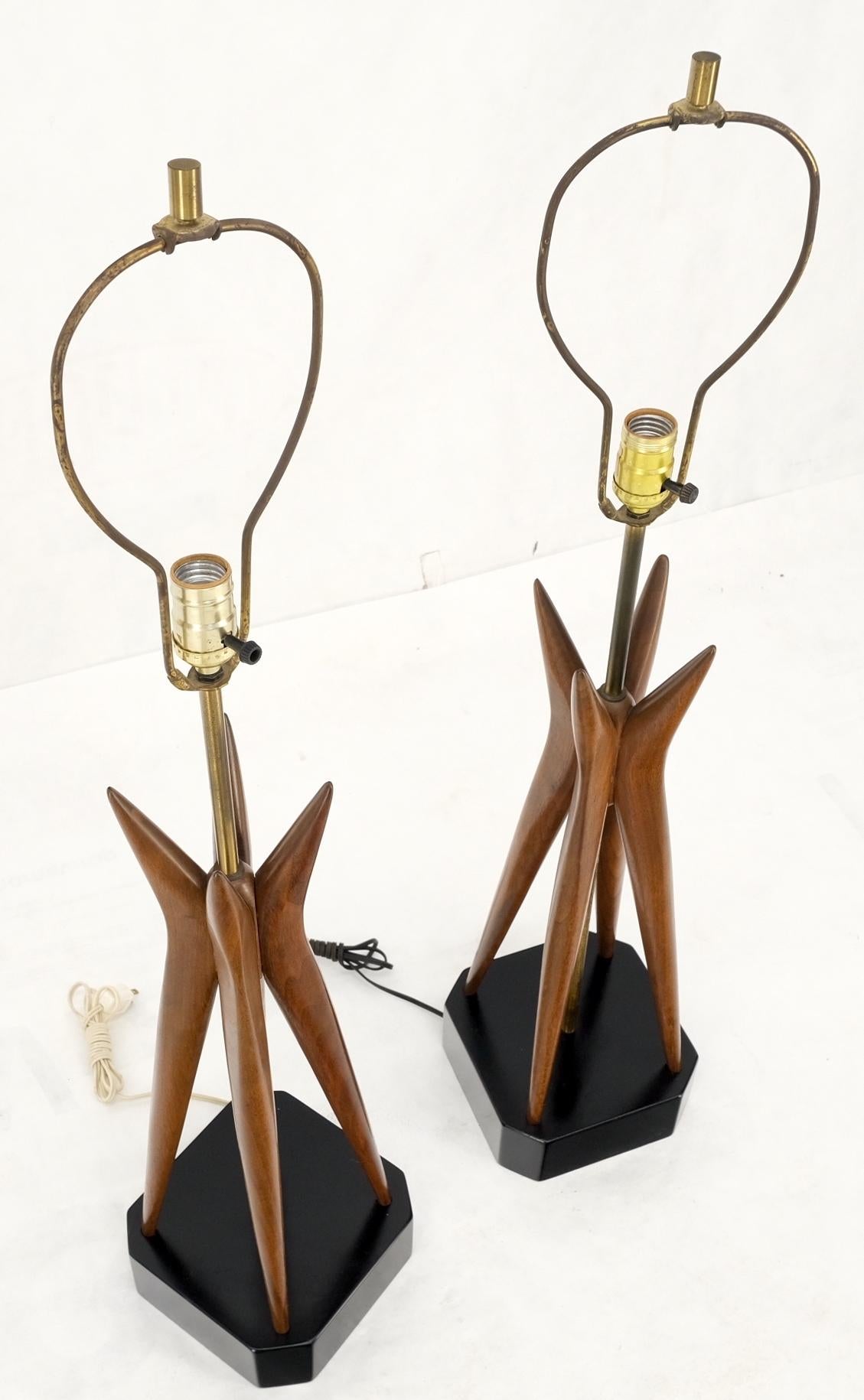 EstablishedLines Pair Carved Oiled Walnut Star Bursting Sputnik Shape Bases Table Lamps Mint!