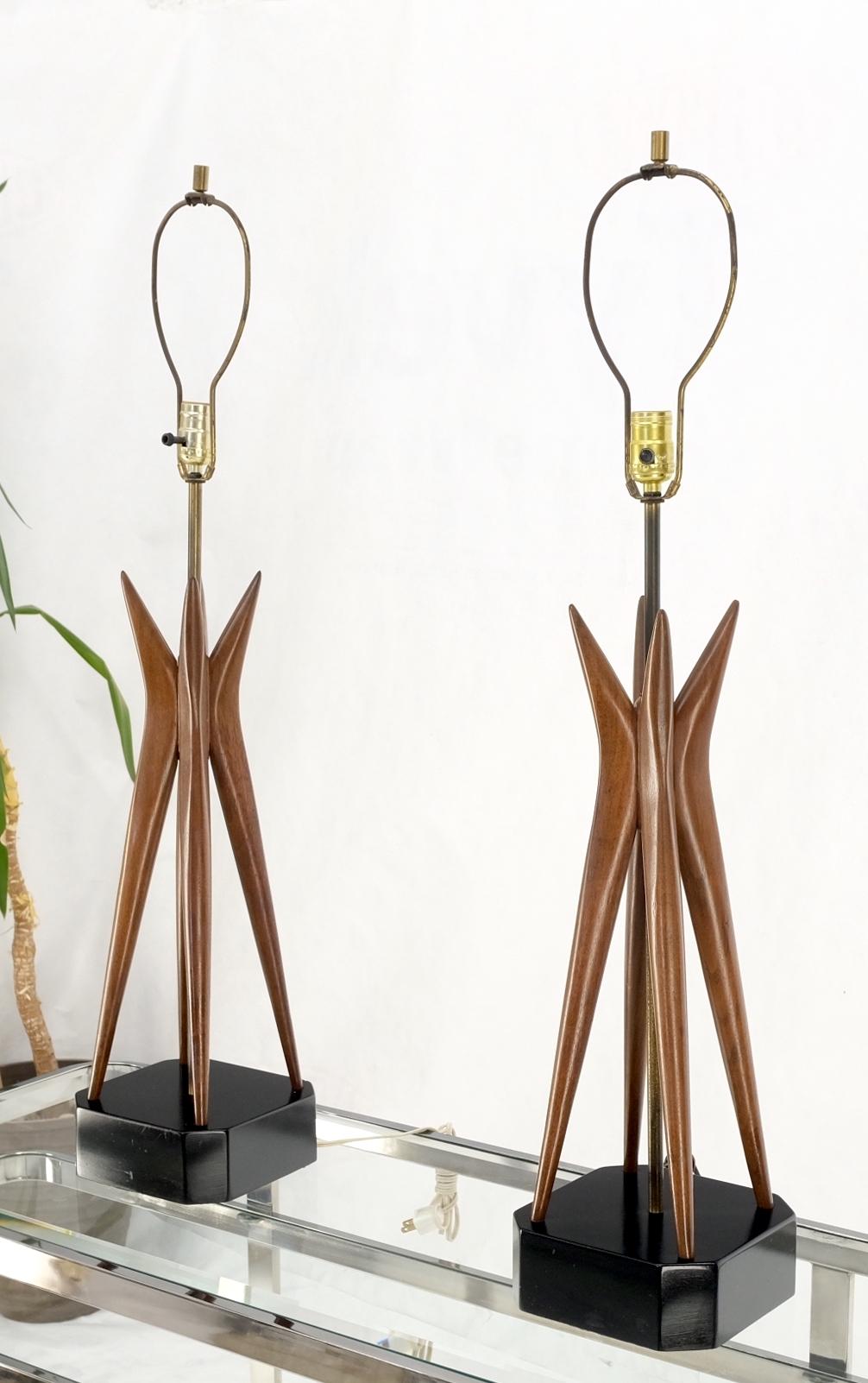 EstablishedLines Pair Carved Oiled Walnut Star Bursting Sputnik Shape Bases Table Lamps Mint!