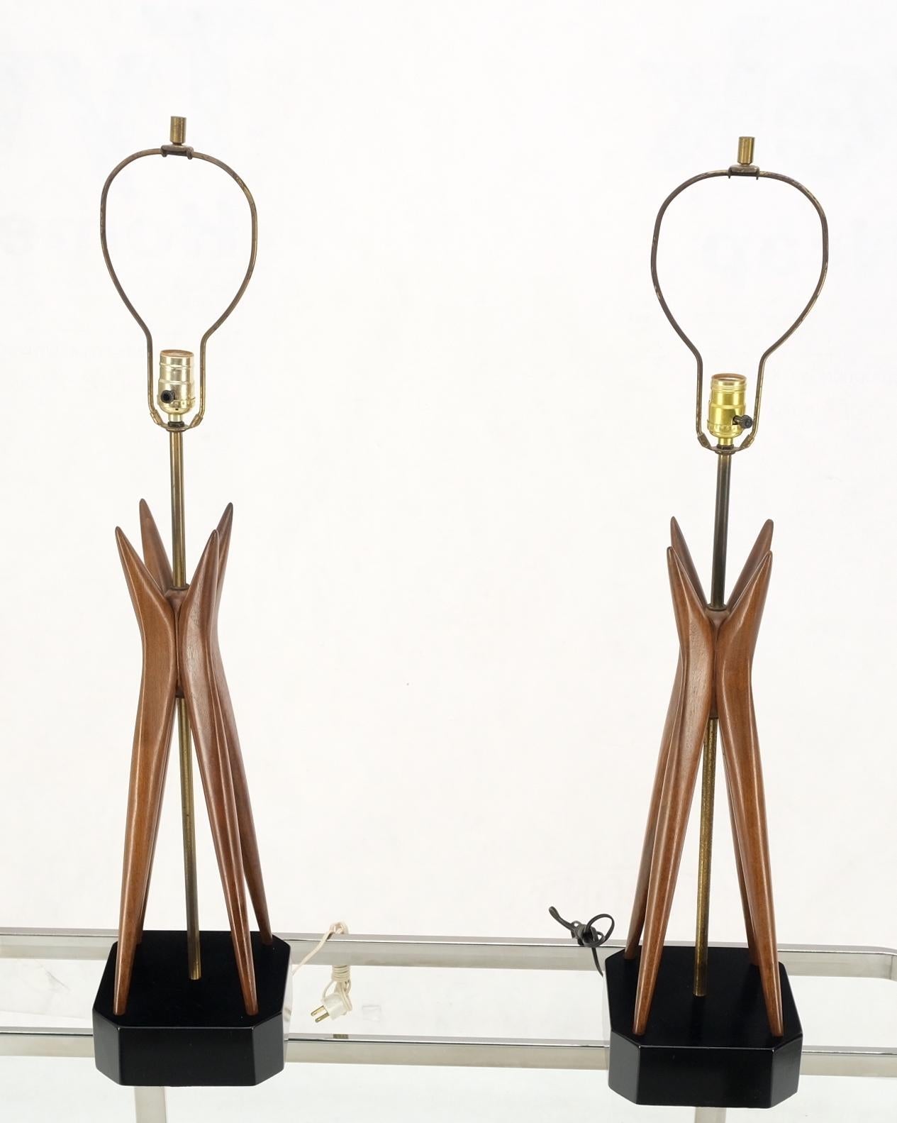EstablishedLines Pair Carved Oiled Walnut Star Bursting Sputnik Shape Bases Table Lamps Mint!