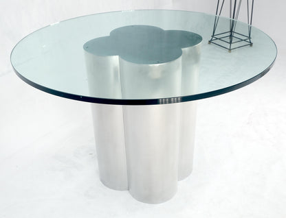 Clover Shape Fused Brushed Aluminum Cylinders Round Glass Top Dining Game Table