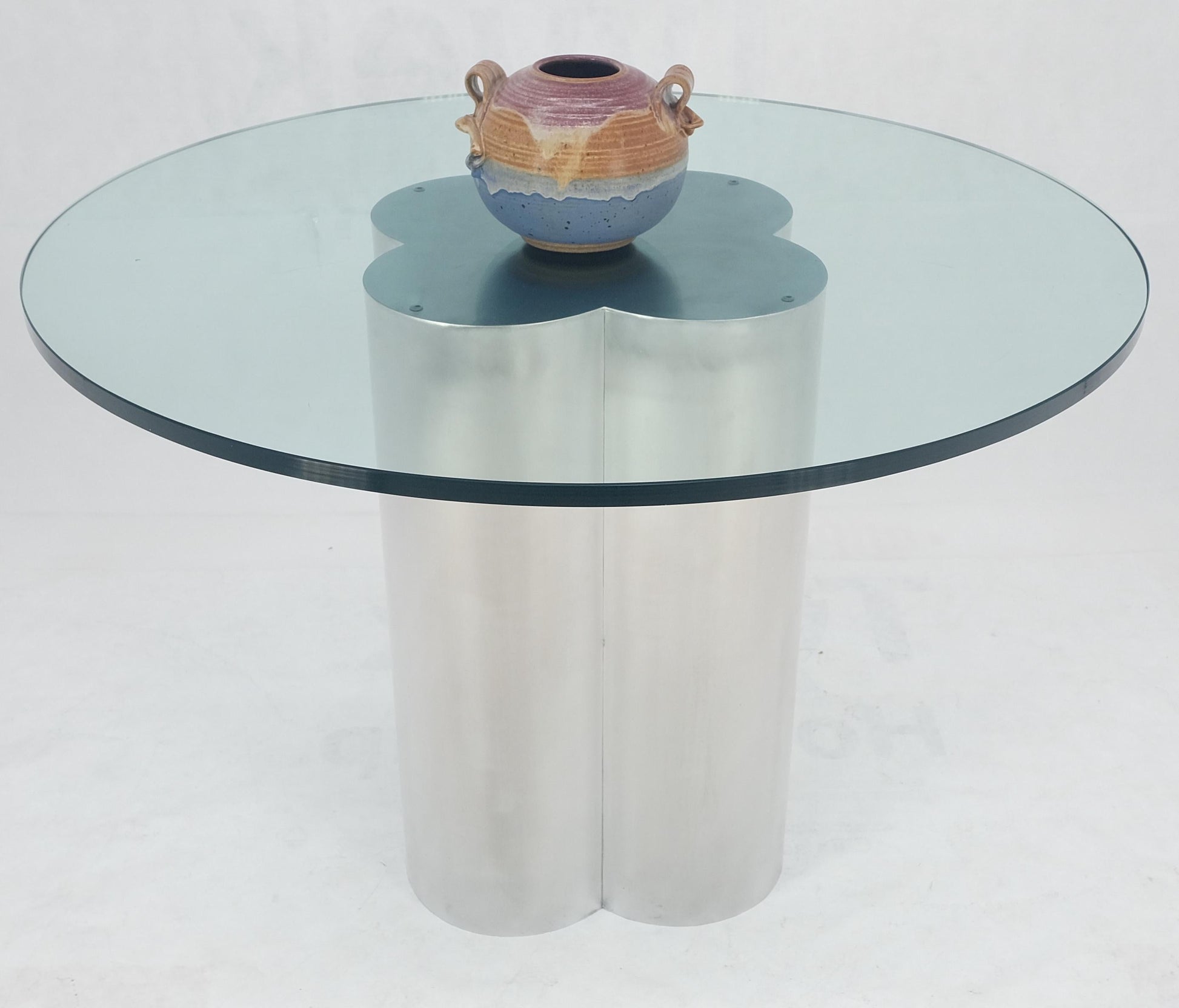 EstablishedLines Clover Shape Fused Brushed Aluminum Cylinders Round Glass Top Dining Game Table