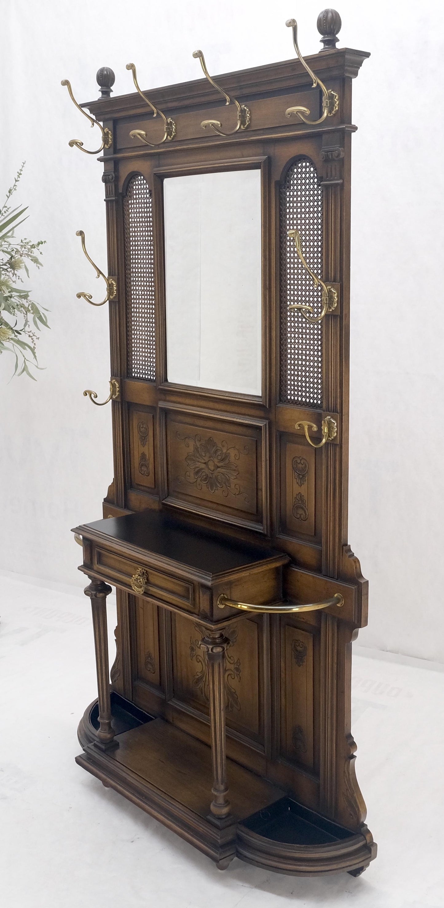 EstablishedLines Carved Walnut Brass Cane Mirror Brass Hooks Coat Rack Umbrella Stand Console