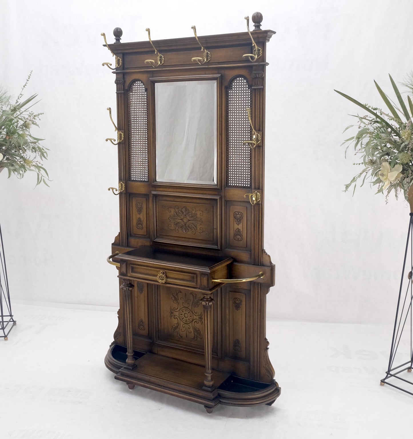 EstablishedLines Carved Walnut Brass Cane Mirror Brass Hooks Coat Rack Umbrella Stand Console
