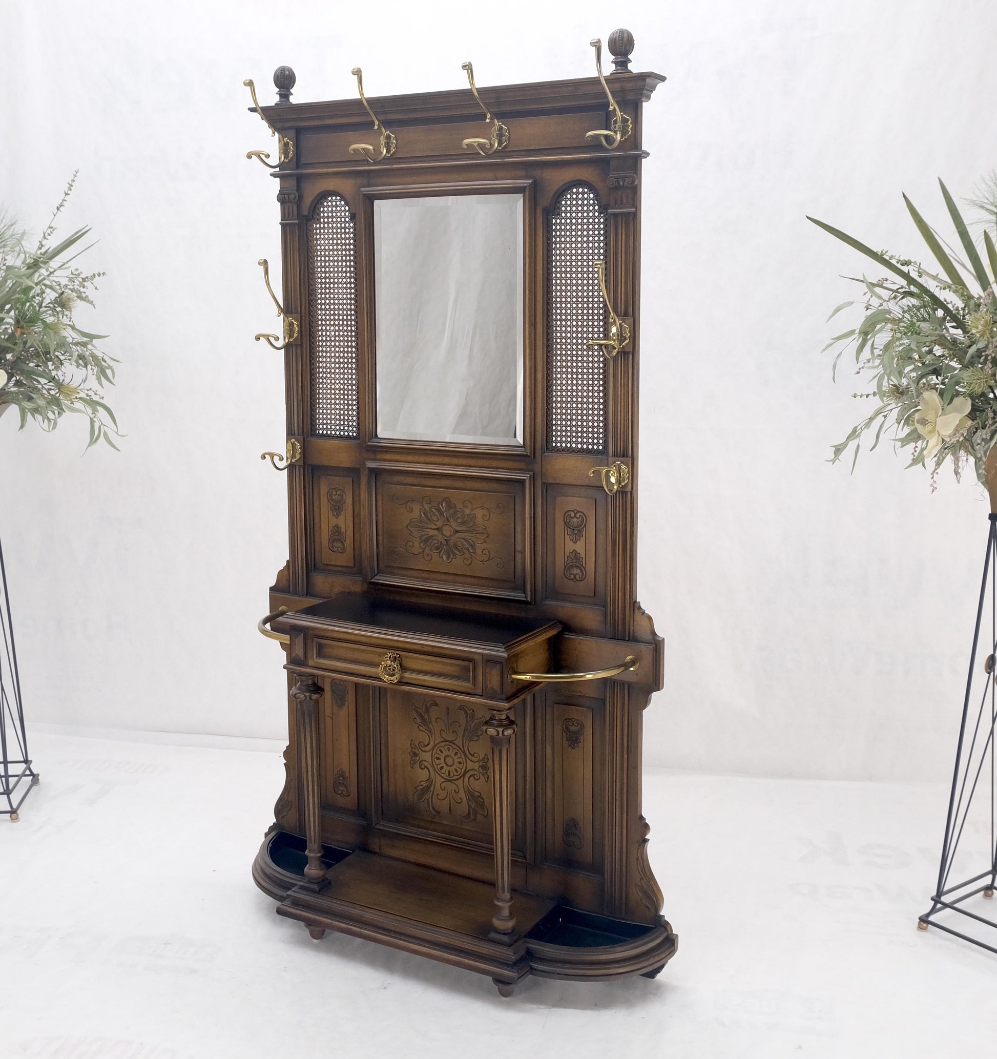 EstablishedLines Carved Walnut Brass Cane Mirror Brass Hooks Coat Rack Umbrella Stand Console