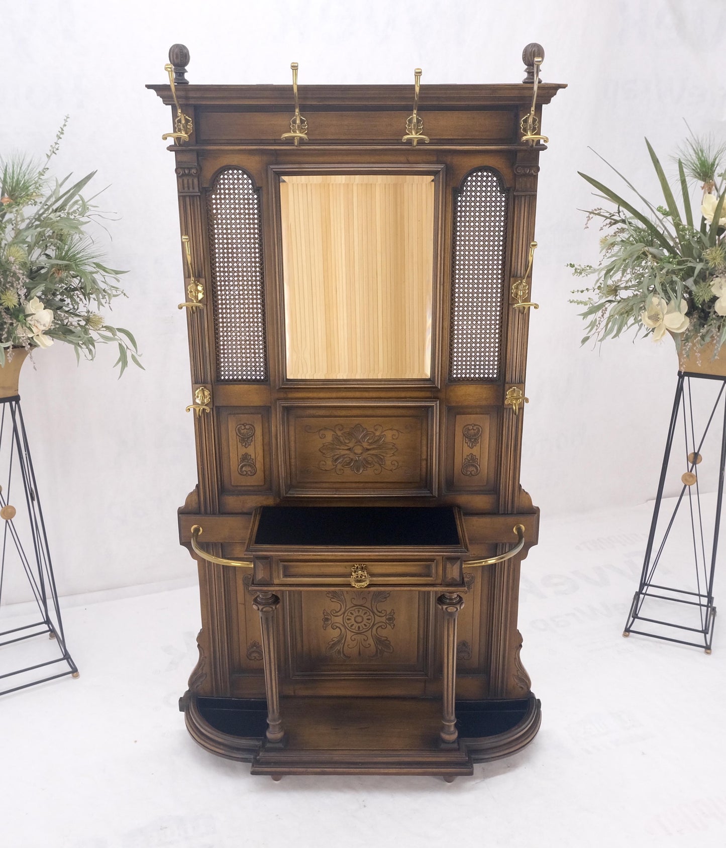 EstablishedLines Carved Walnut Brass Cane Mirror Brass Hooks Coat Rack Umbrella Stand Console