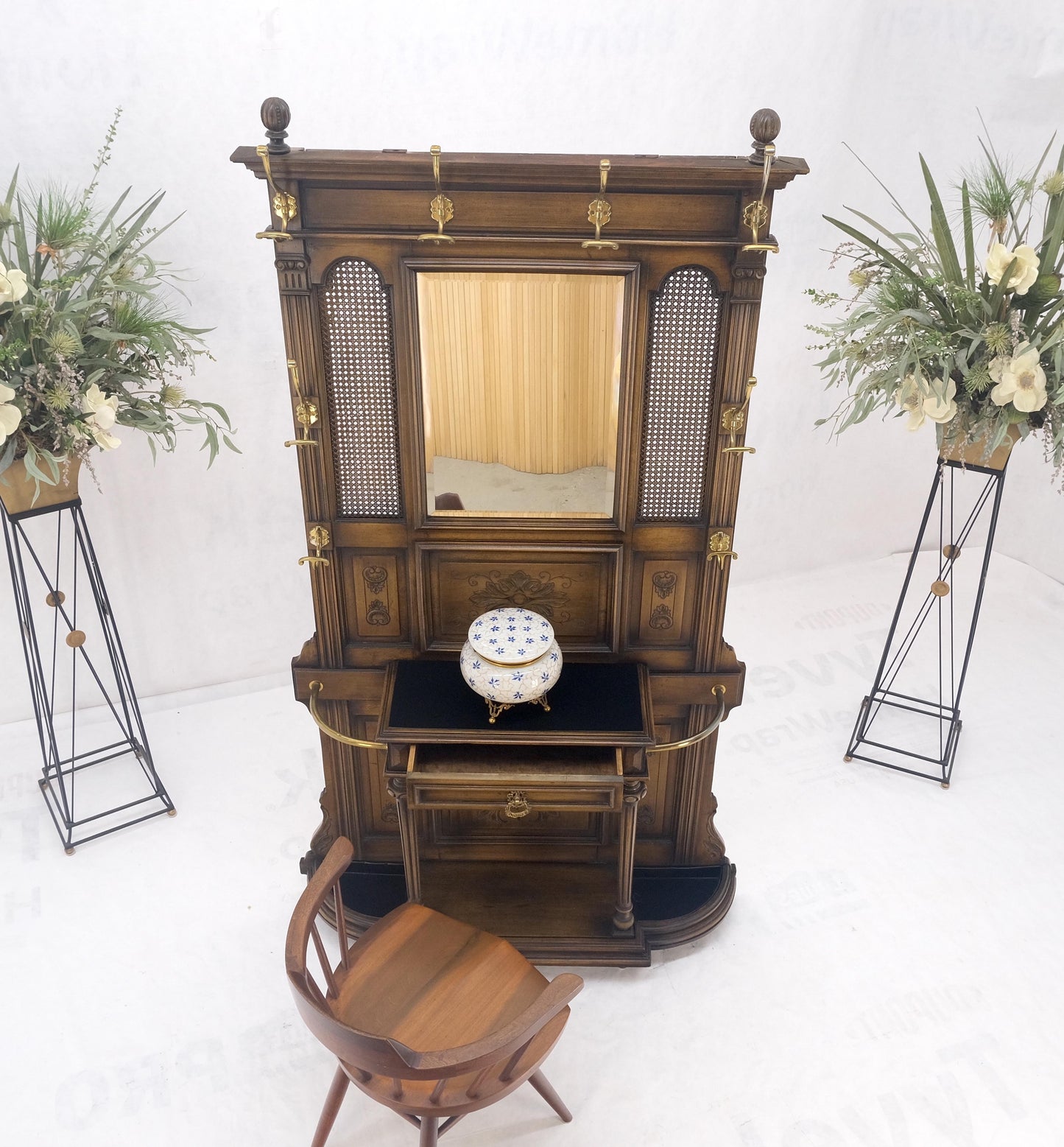 EstablishedLines Carved Walnut Brass Cane Mirror Brass Hooks Coat Rack Umbrella Stand Console