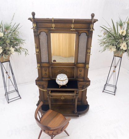 EstablishedLines Carved Walnut Brass Cane Mirror Brass Hooks Coat Rack Umbrella Stand Console
