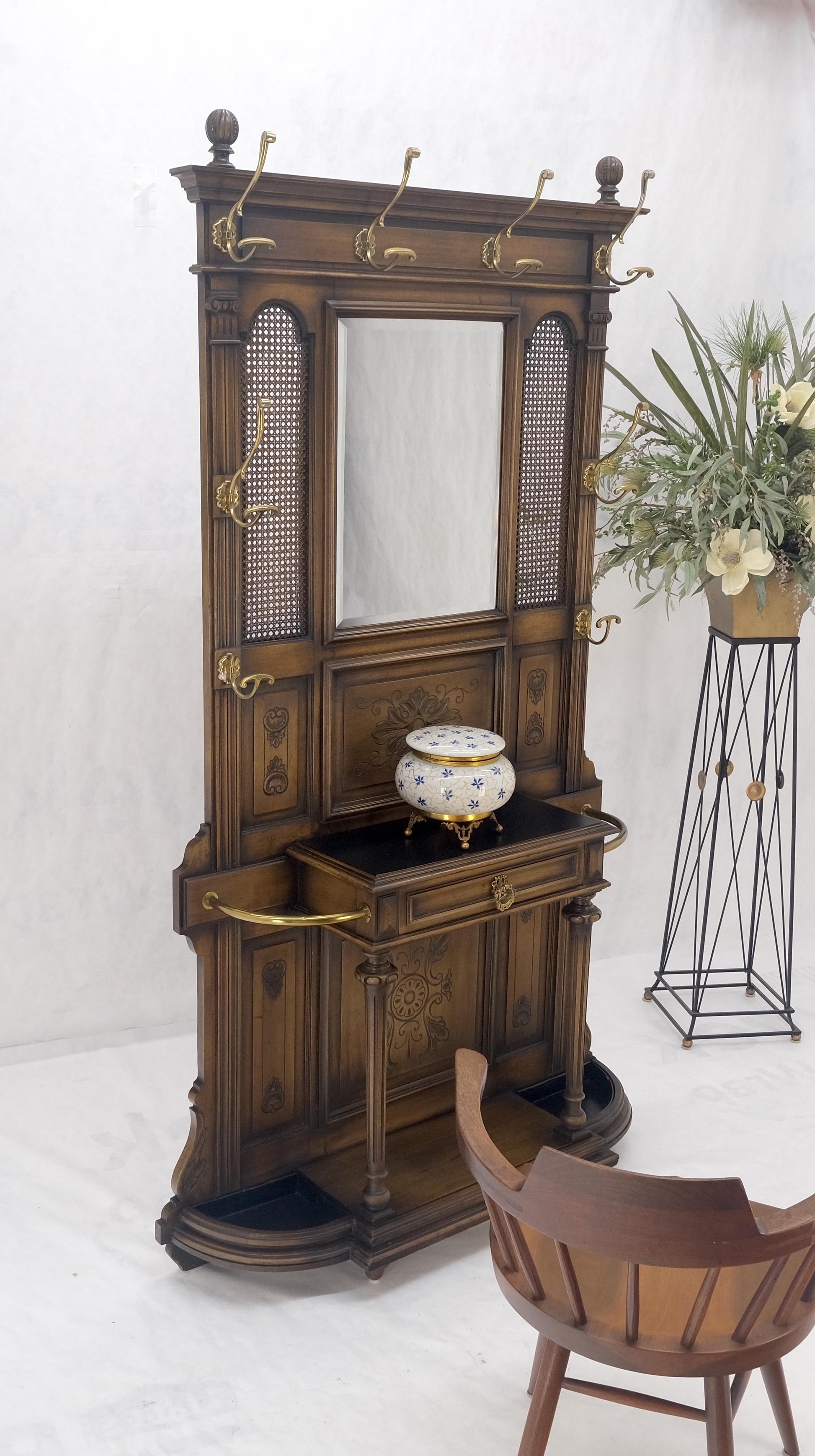 EstablishedLines Carved Walnut Brass Cane Mirror Brass Hooks Coat Rack Umbrella Stand Console