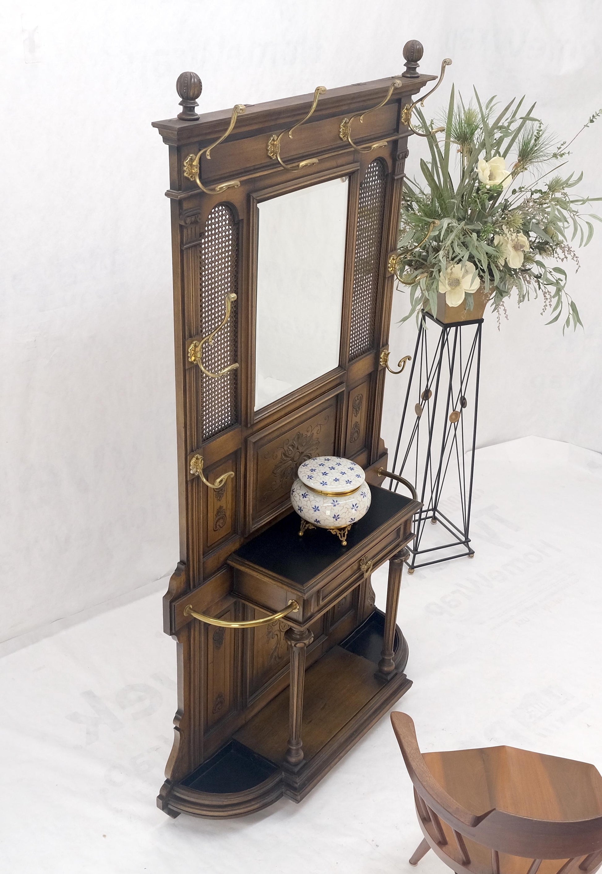 EstablishedLines Carved Walnut Brass Cane Mirror Brass Hooks Coat Rack Umbrella Stand Console