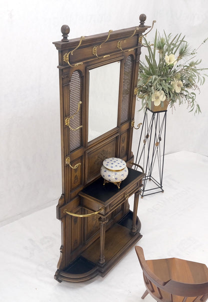 EstablishedLines Carved Walnut Brass Cane Mirror Brass Hooks Coat Rack Umbrella Stand Console