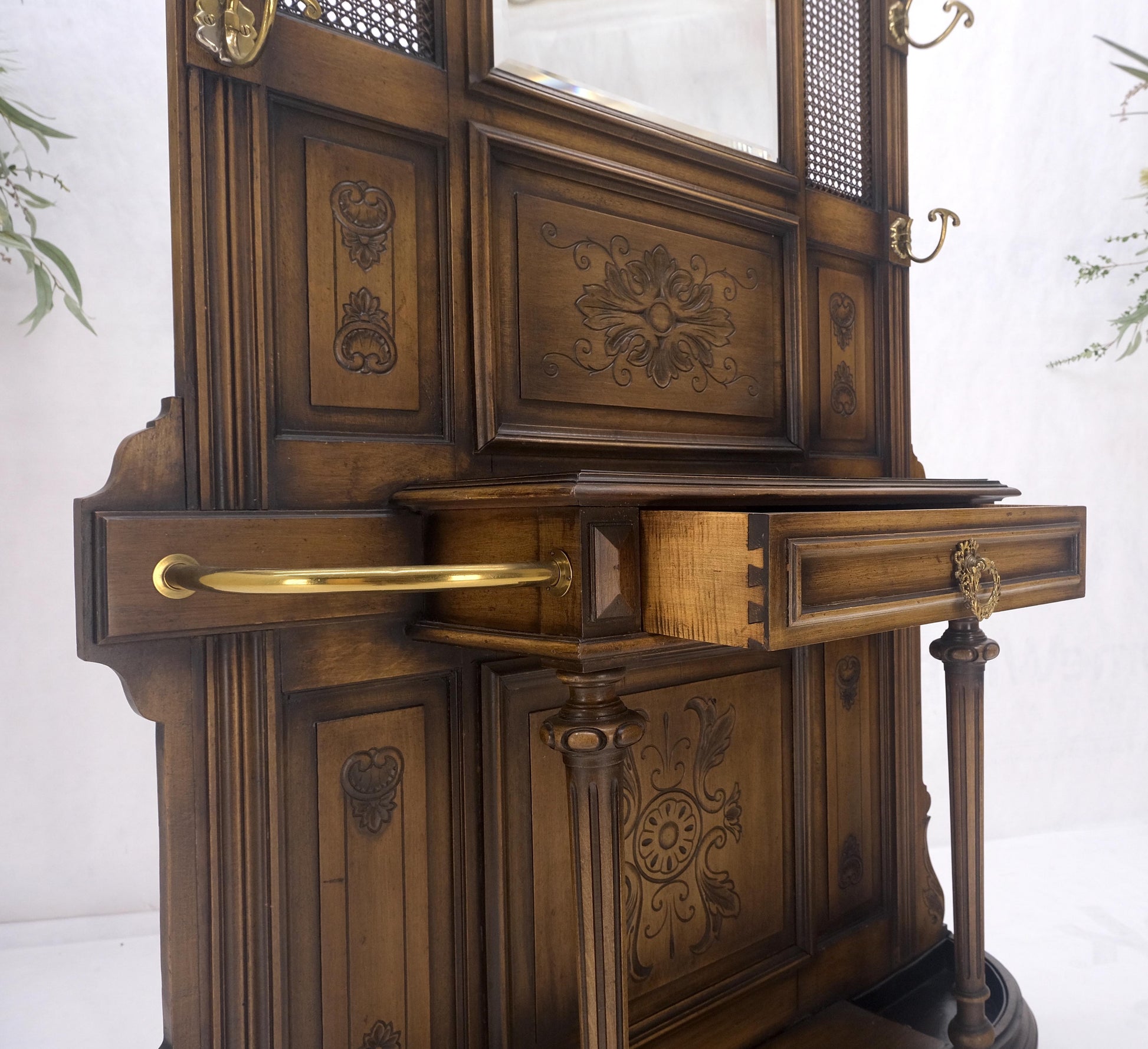 EstablishedLines Carved Walnut Brass Cane Mirror Brass Hooks Coat Rack Umbrella Stand Console