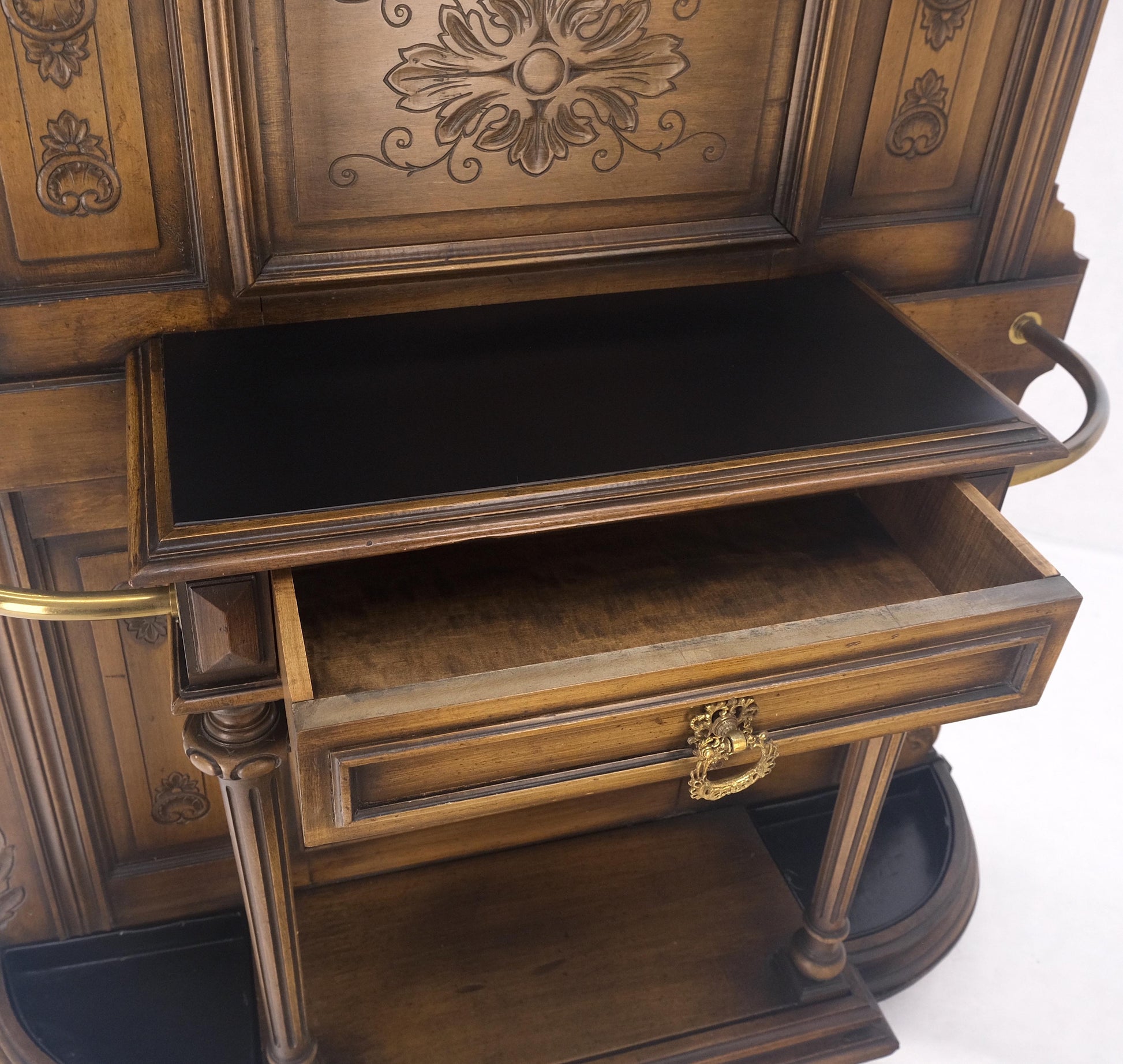 EstablishedLines Carved Walnut Brass Cane Mirror Brass Hooks Coat Rack Umbrella Stand Console