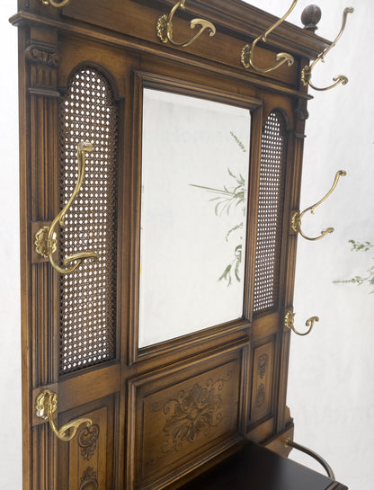 EstablishedLines Carved Walnut Brass Cane Mirror Brass Hooks Coat Rack Umbrella Stand Console
