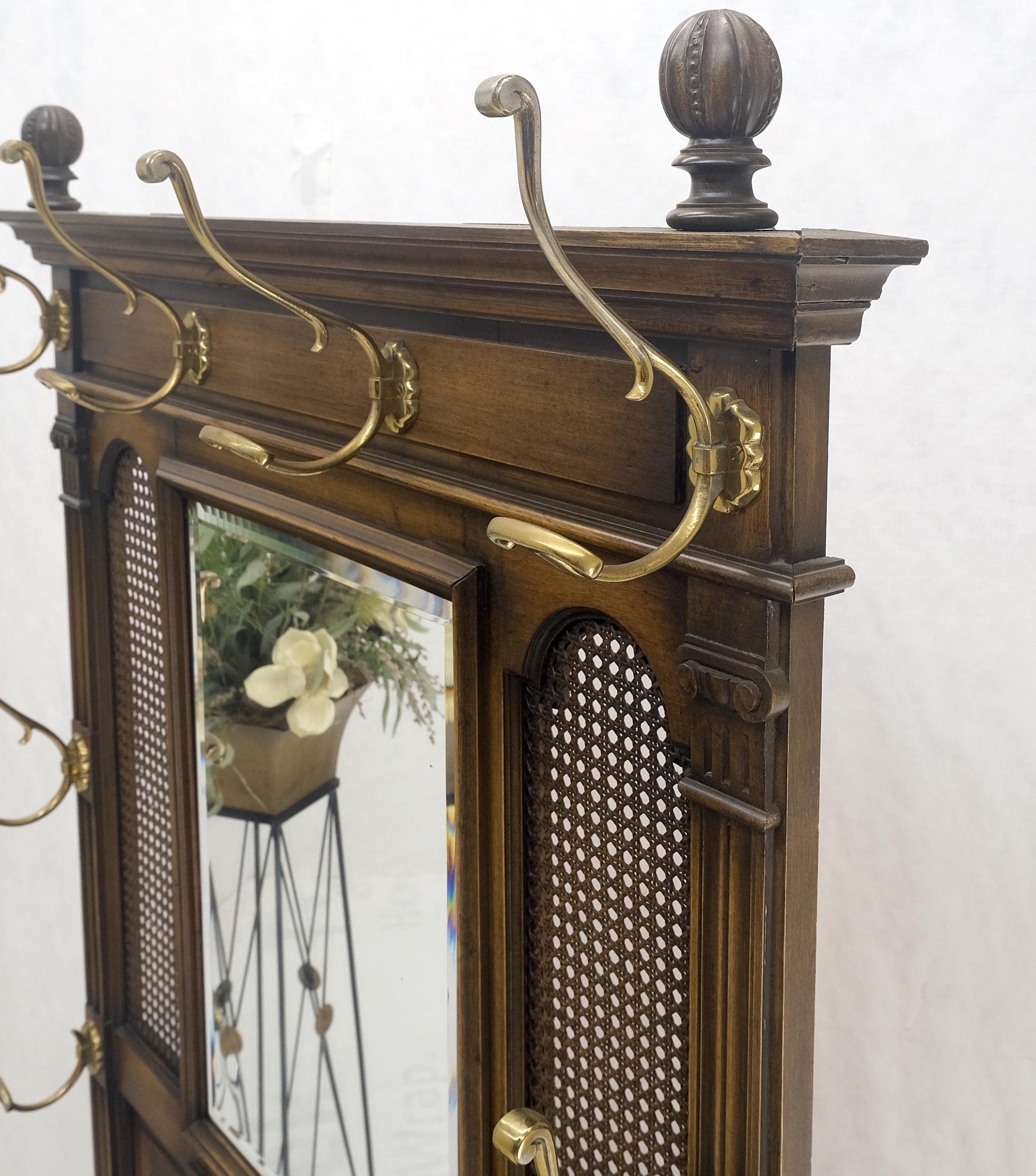 EstablishedLines Carved Walnut Brass Cane Mirror Brass Hooks Coat Rack Umbrella Stand Console