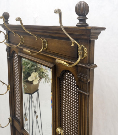 EstablishedLines Carved Walnut Brass Cane Mirror Brass Hooks Coat Rack Umbrella Stand Console