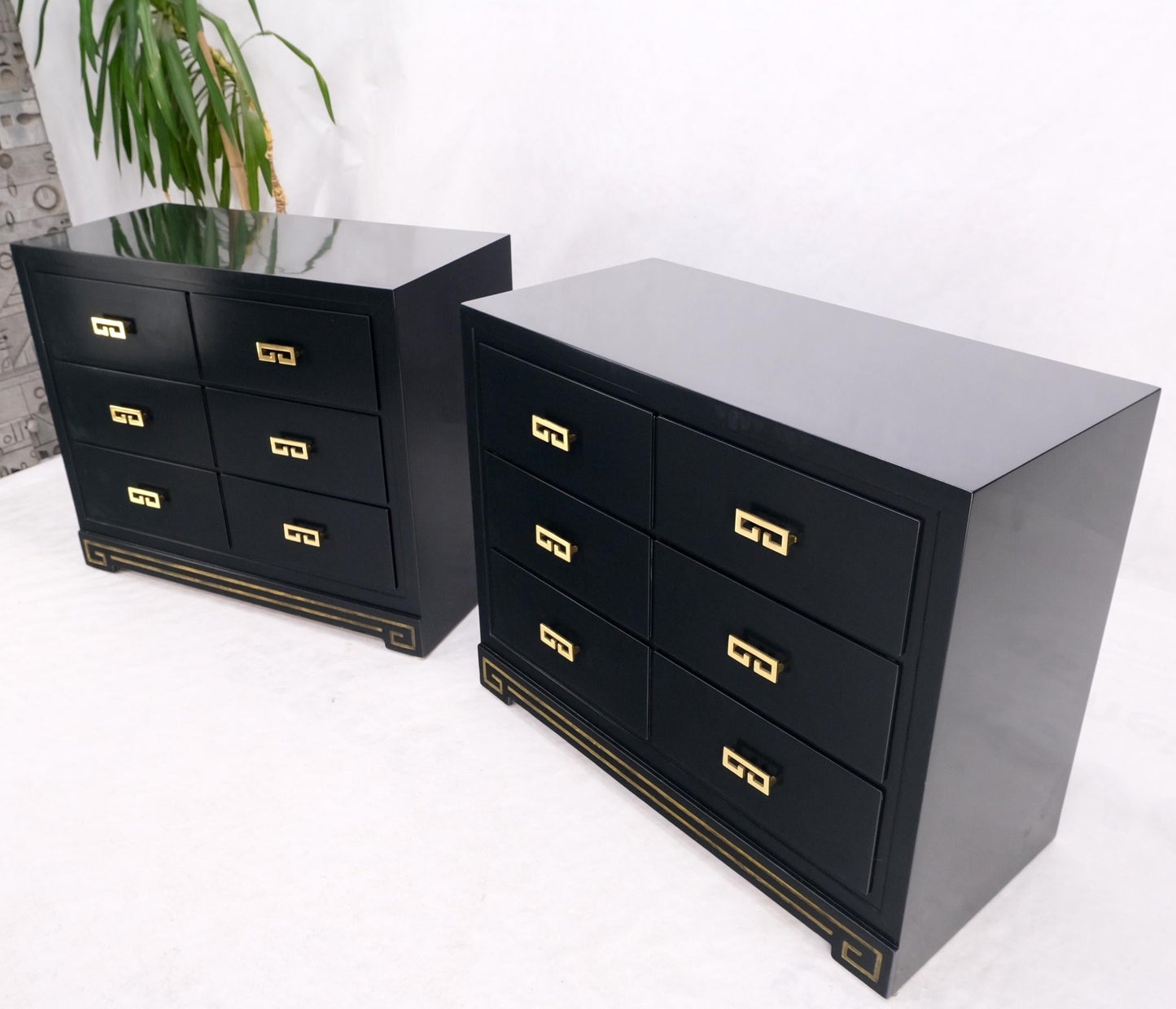 EstablishedLines Pair John Stuart Ebonized Lacquer Greek Key Brass Pulls Bachelor Chests MINT!