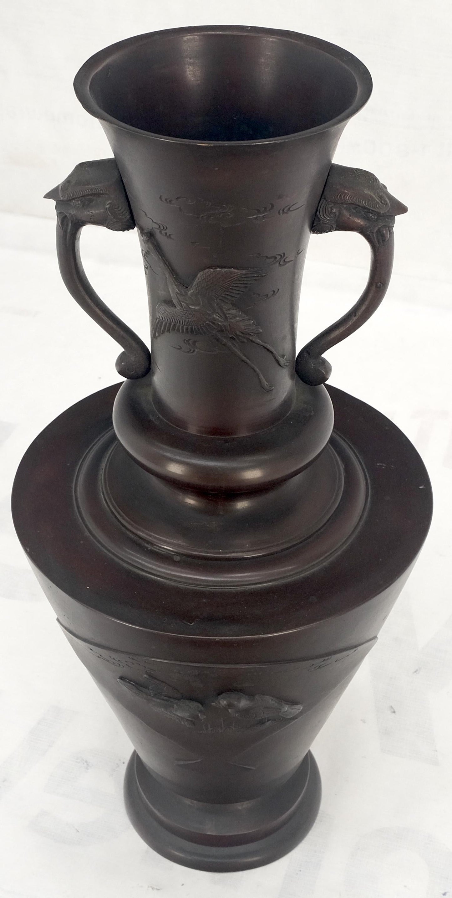 EstablishedLines large Brass or Bronze Asian Two Handles Vase Urn Birds Motif Reliefs Clean!