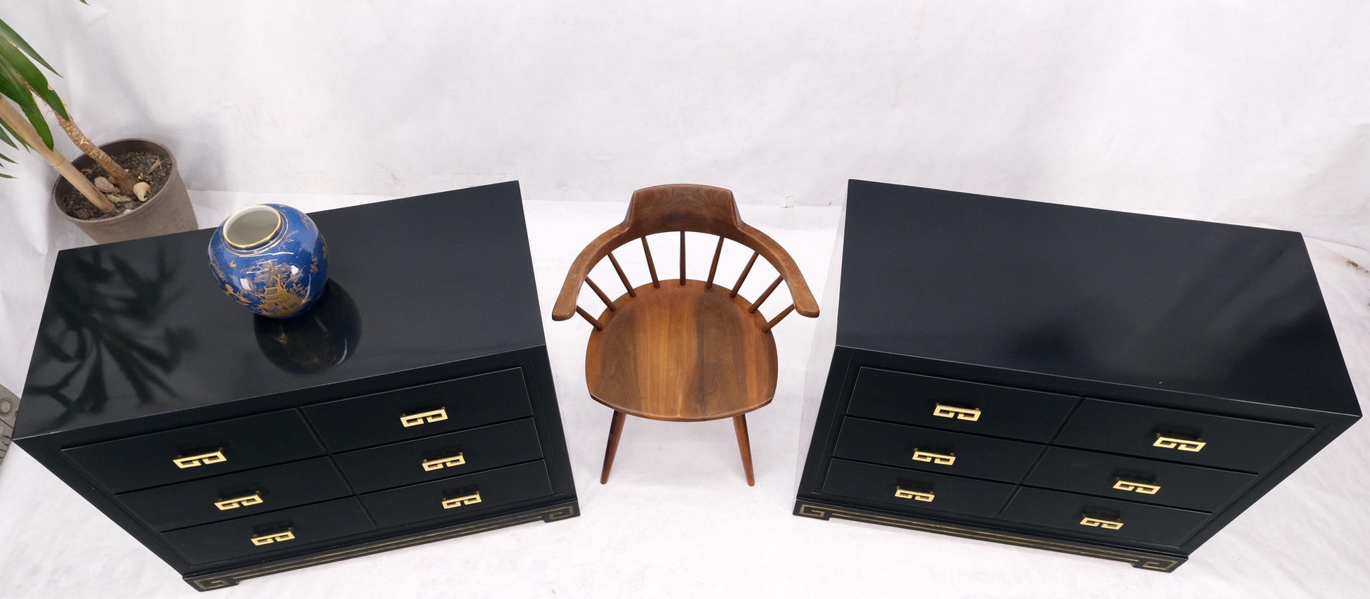 EstablishedLines Pair John Stuart Ebonized Lacquer Greek Key Brass Pulls Bachelor Chests MINT!