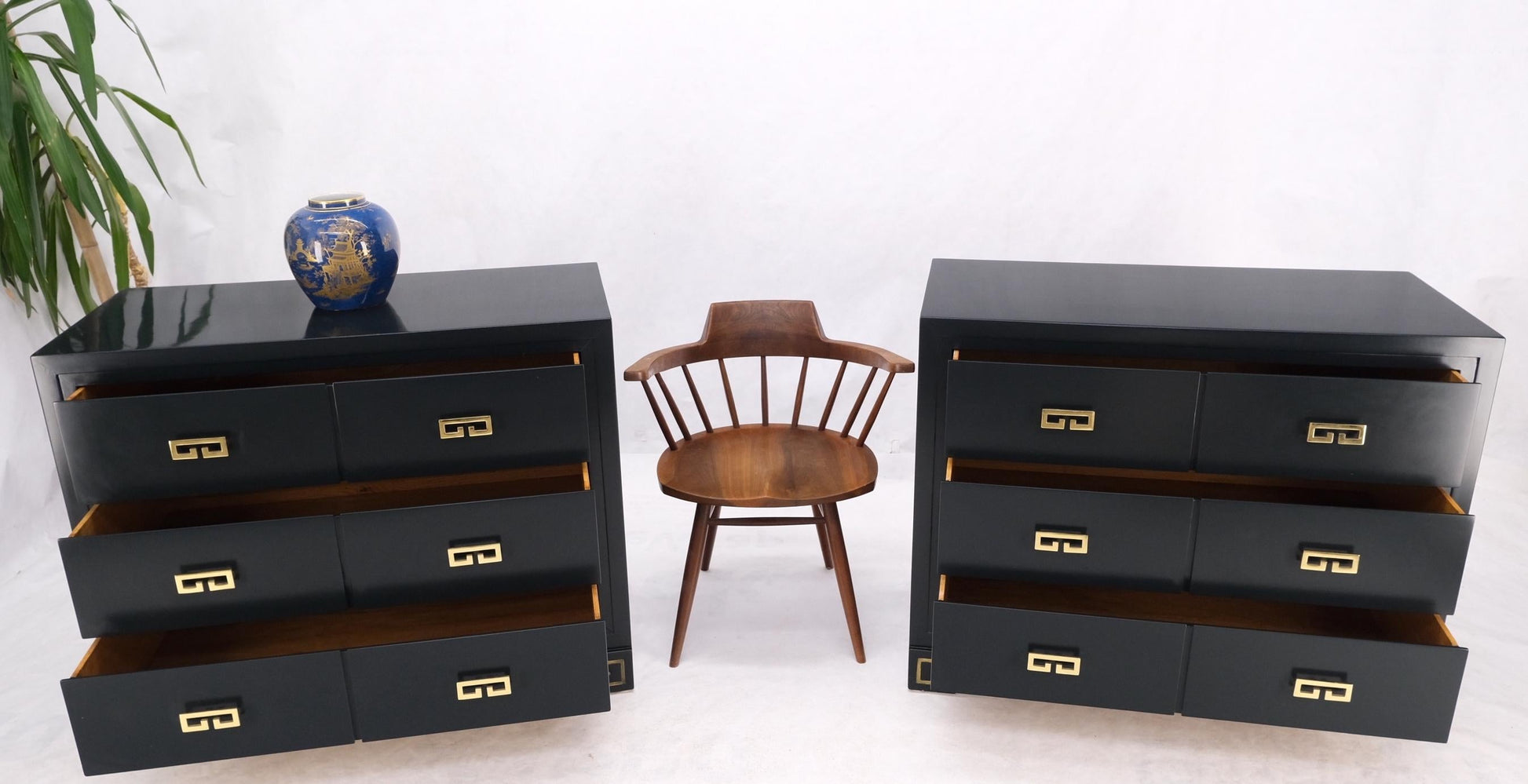 EstablishedLines Pair John Stuart Ebonized Lacquer Greek Key Brass Pulls Bachelor Chests MINT!