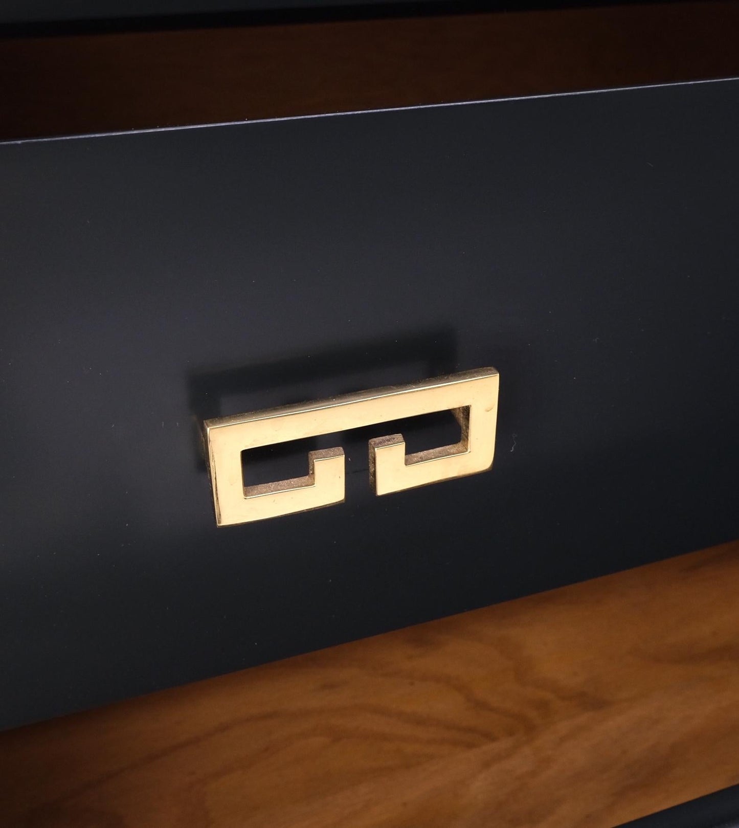 EstablishedLines Pair John Stuart Ebonized Lacquer Greek Key Brass Pulls Bachelor Chests MINT!