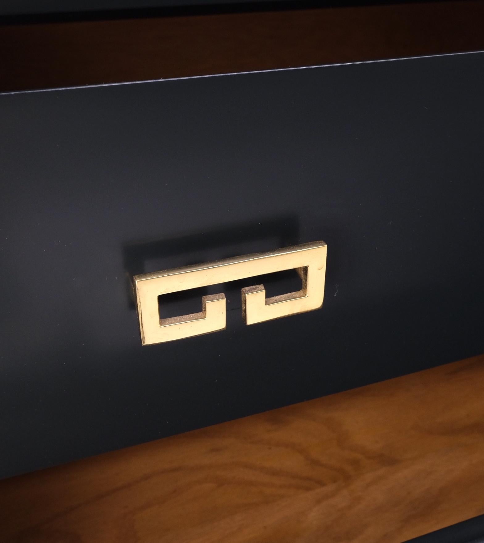 EstablishedLines Pair John Stuart Ebonized Lacquer Greek Key Brass Pulls Bachelor Chests MINT!