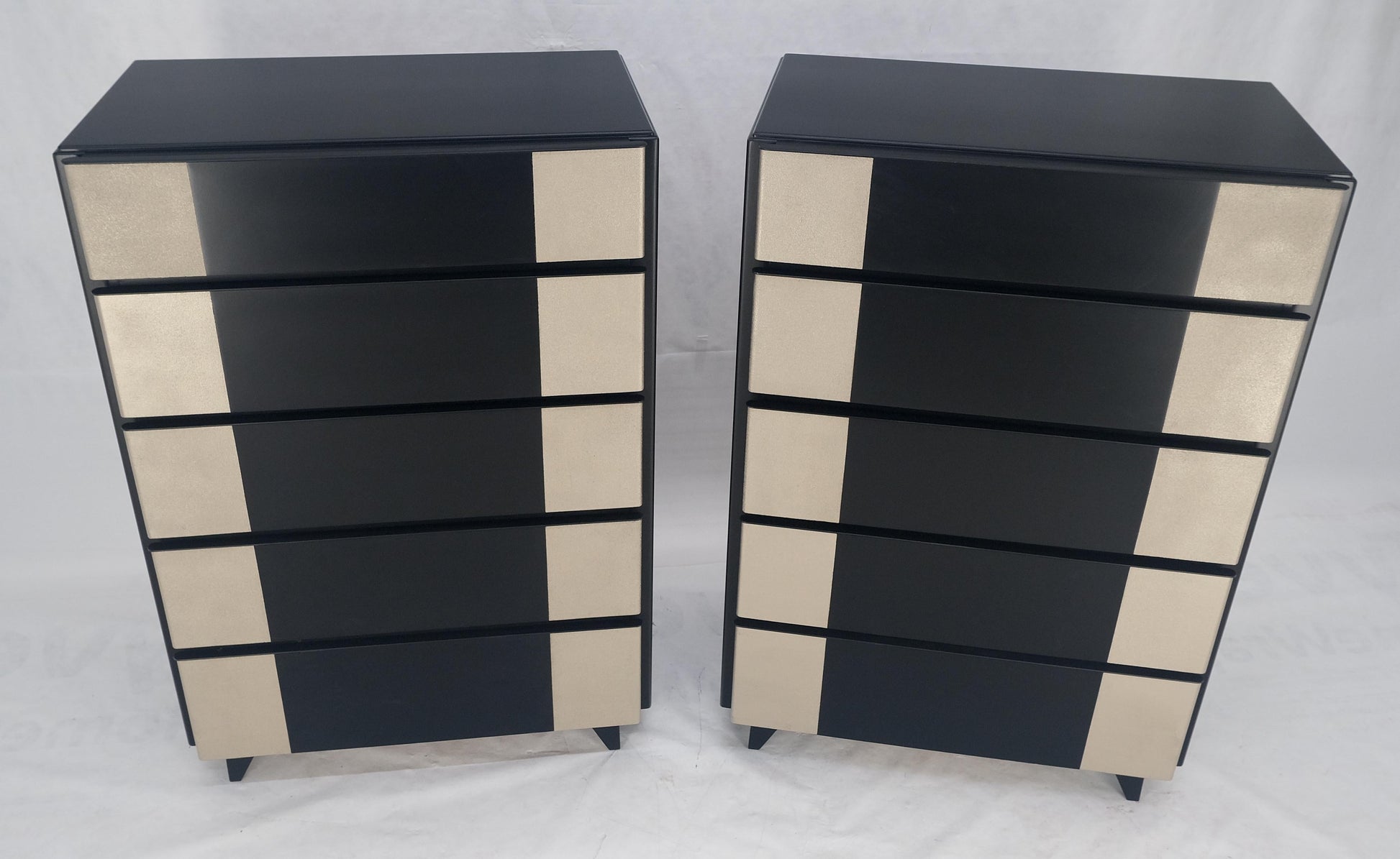 EstablishedLines Pair Black Lacquer & Silver Fitted Drawers Flip Top Vanity Chest Dressers MINT!