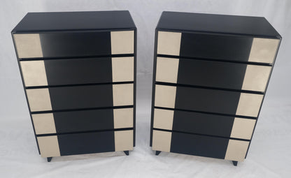 EstablishedLines Pair Black Lacquer & Silver Fitted Drawers Flip Top Vanity Chest Dressers MINT!