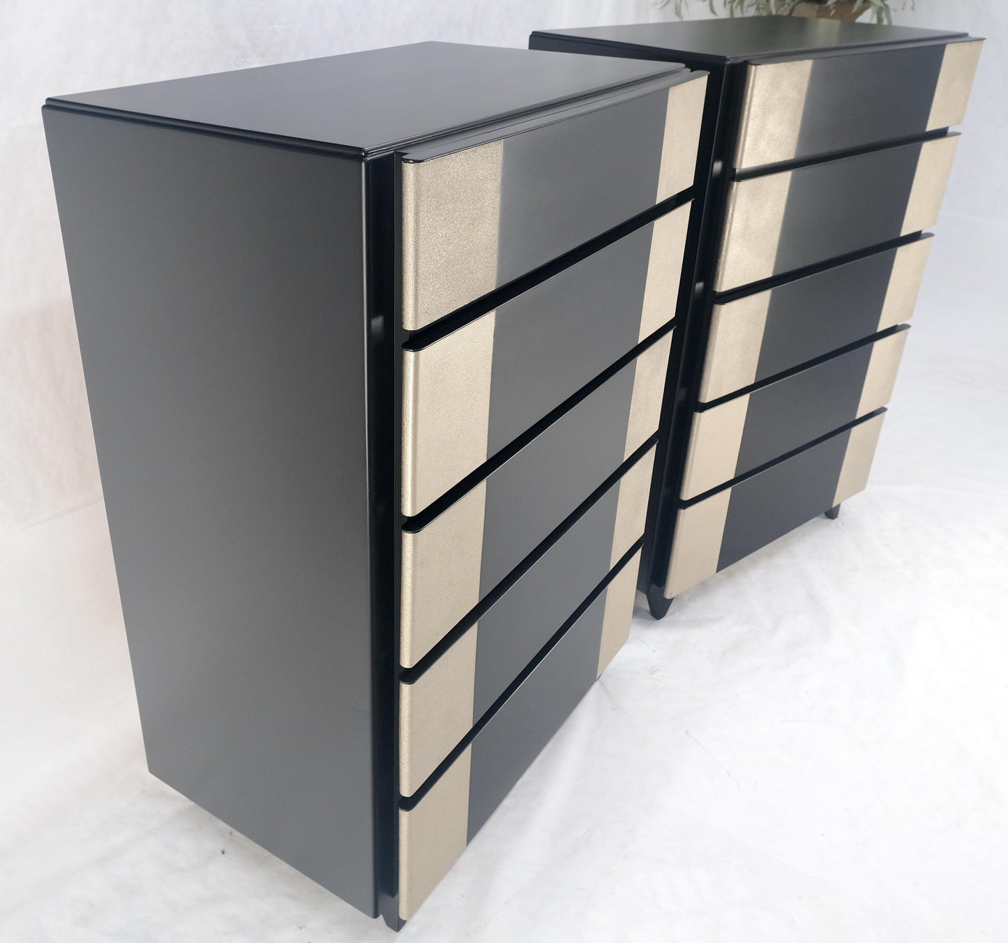 Pair Black Lacquer & Silver Fitted Drawers Flip Top Vanity Chest Dressers MINT!