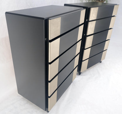 Pair Black Lacquer & Silver Fitted Drawers Flip Top Vanity Chest Dressers MINT!
