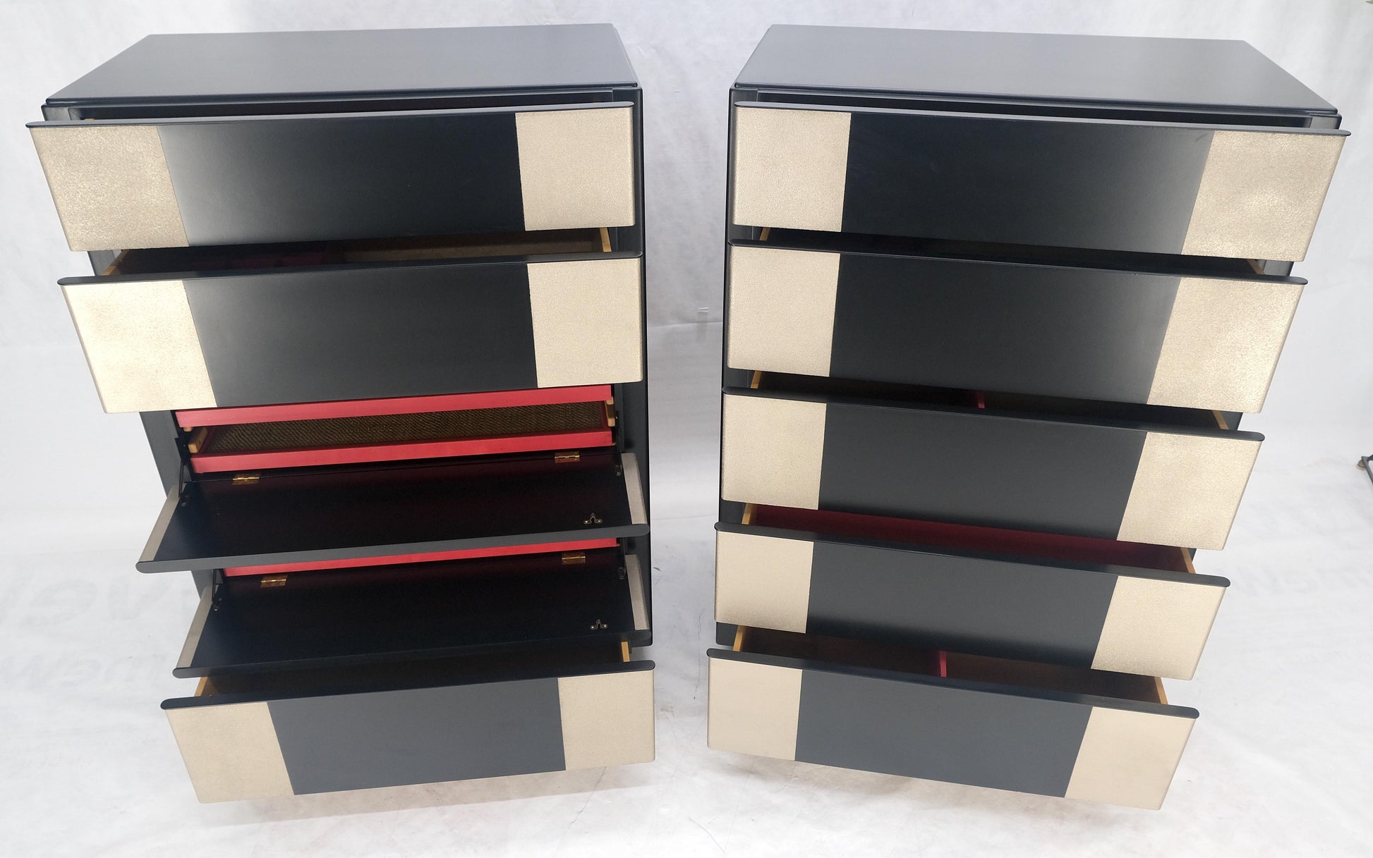 EstablishedLines Pair Black Lacquer & Silver Fitted Drawers Flip Top Vanity Chest Dressers MINT!