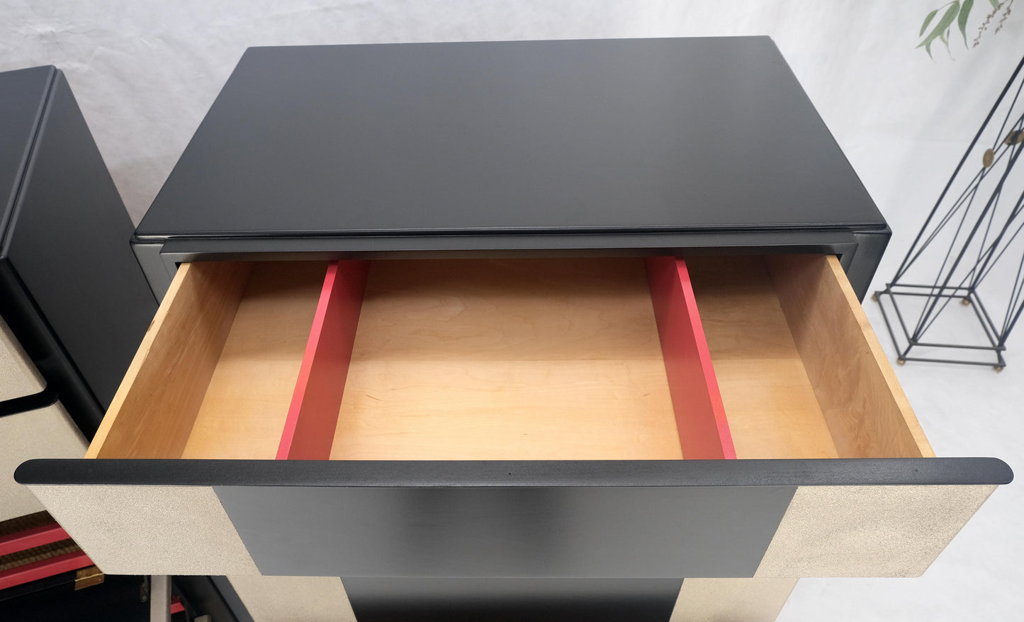 Pair Black Lacquer & Silver Fitted Drawers Flip Top Vanity Chest Dressers MINT!