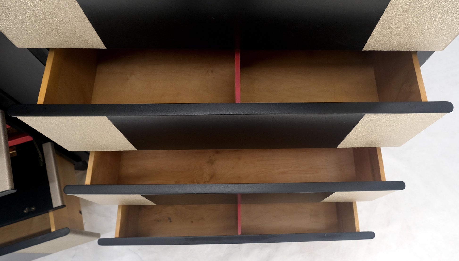 EstablishedLines Pair Black Lacquer & Silver Fitted Drawers Flip Top Vanity Chest Dressers MINT!