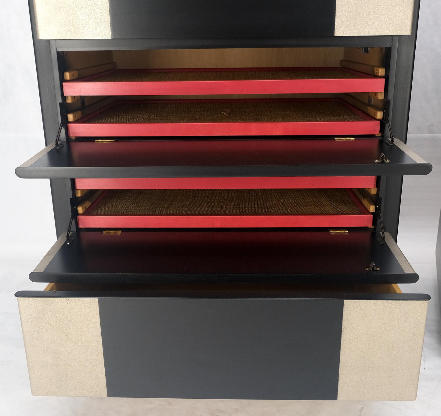 Pair Black Lacquer & Silver Fitted Drawers Flip Top Vanity Chest Dressers MINT!