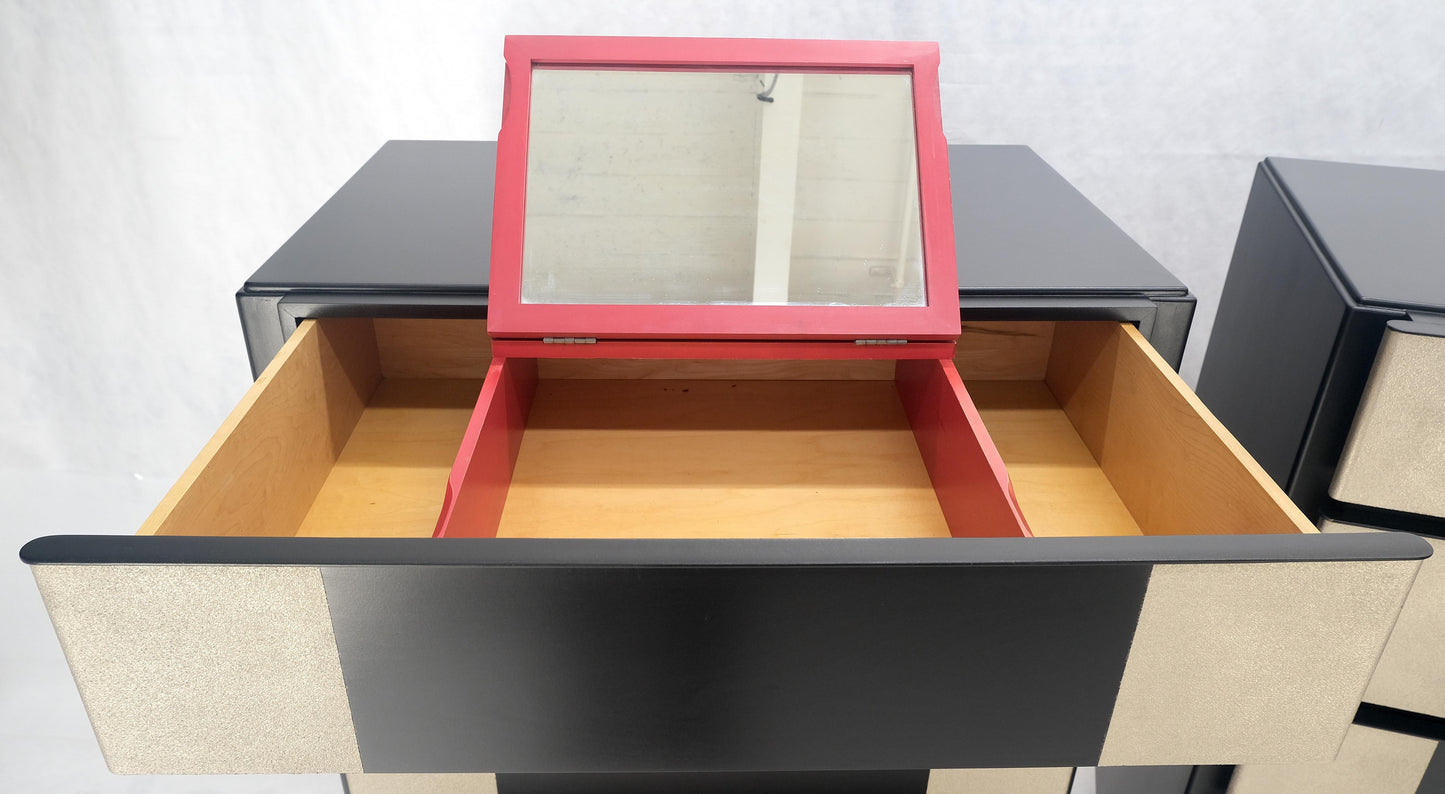 Pair Black Lacquer & Silver Fitted Drawers Flip Top Vanity Chest Dressers MINT!