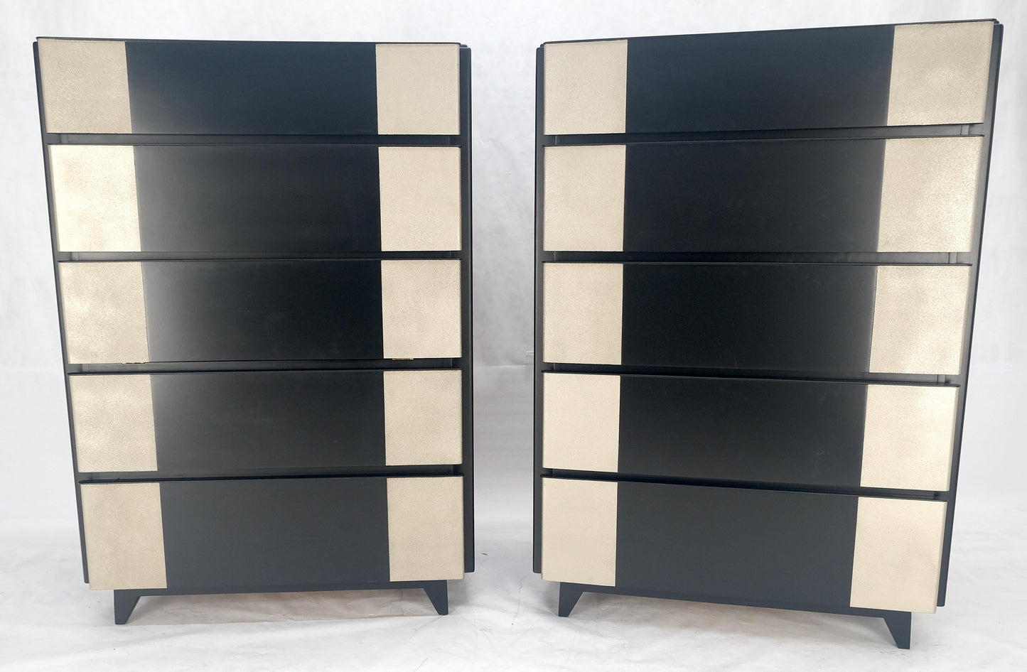 Pair Black Lacquer & Silver Fitted Drawers Flip Top Vanity Chest Dressers MINT!