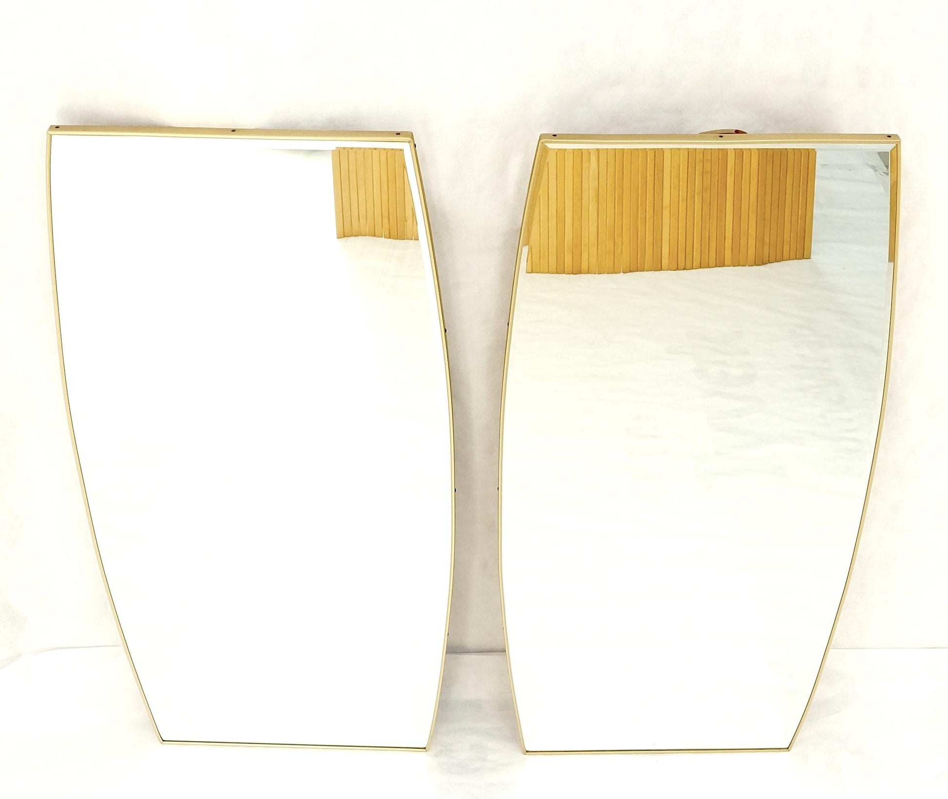 EstablishedLines Pair of 1970s Italian Mid Century Modern Boat Shape Brass Frames Mirrors MINT!