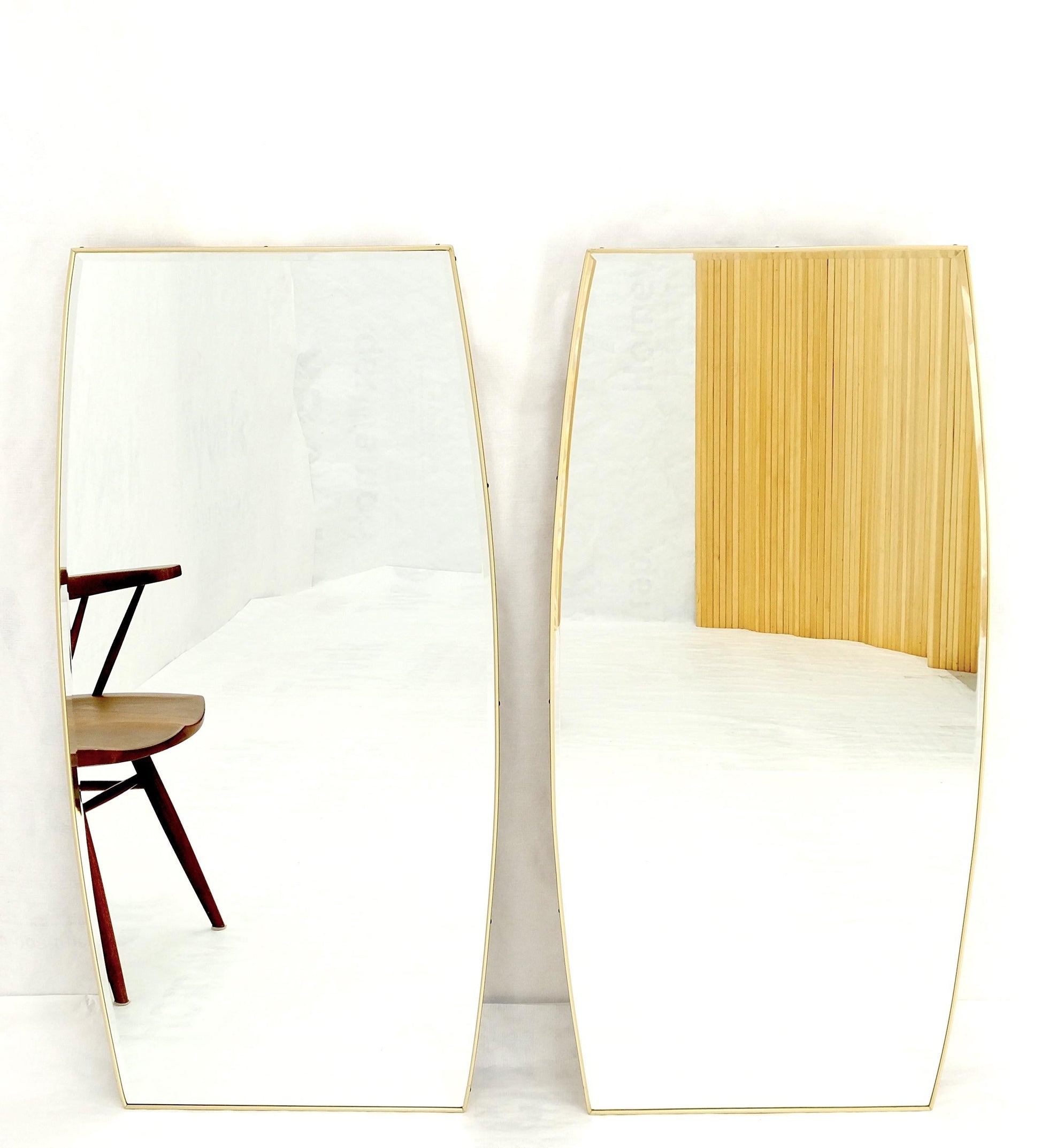 EstablishedLines Pair of 1970s Italian Mid Century Modern Boat Shape Brass Frames Mirrors MINT!