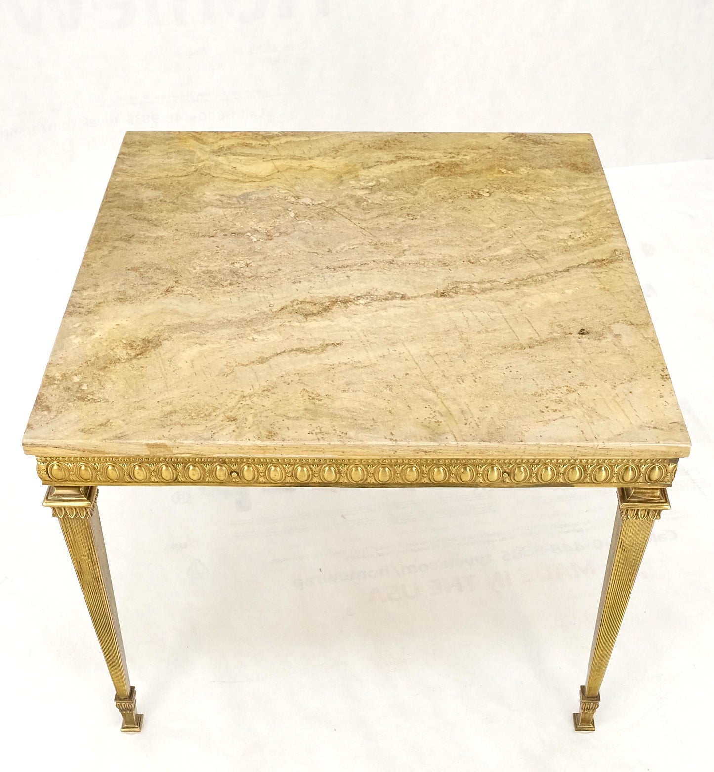 EstablishedLines Square Solid Brass or Bronze Base Travertine Top Side End Occasional Table MINT!