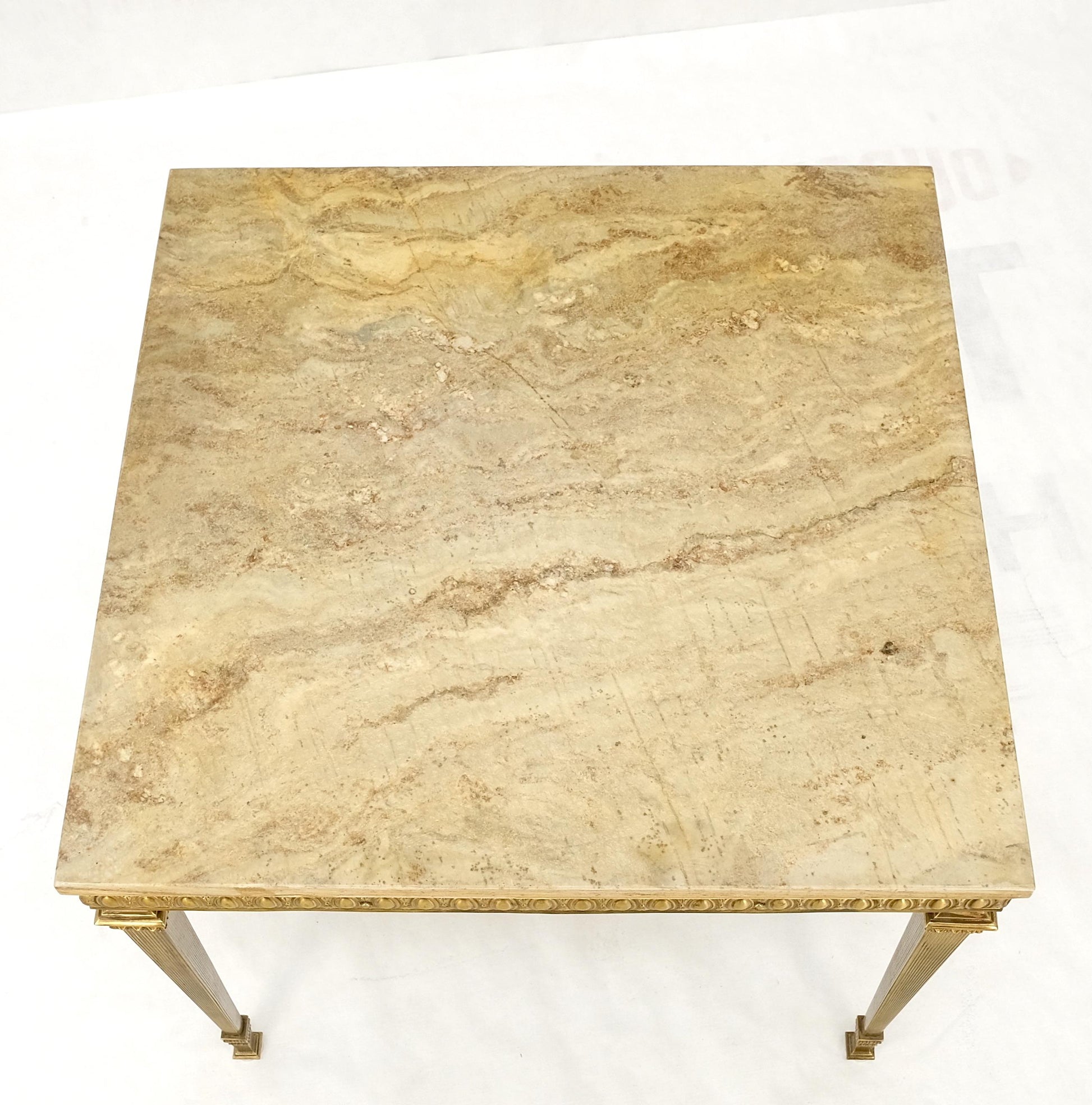 EstablishedLines Square Solid Brass or Bronze Base Travertine Top Side End Occasional Table MINT!