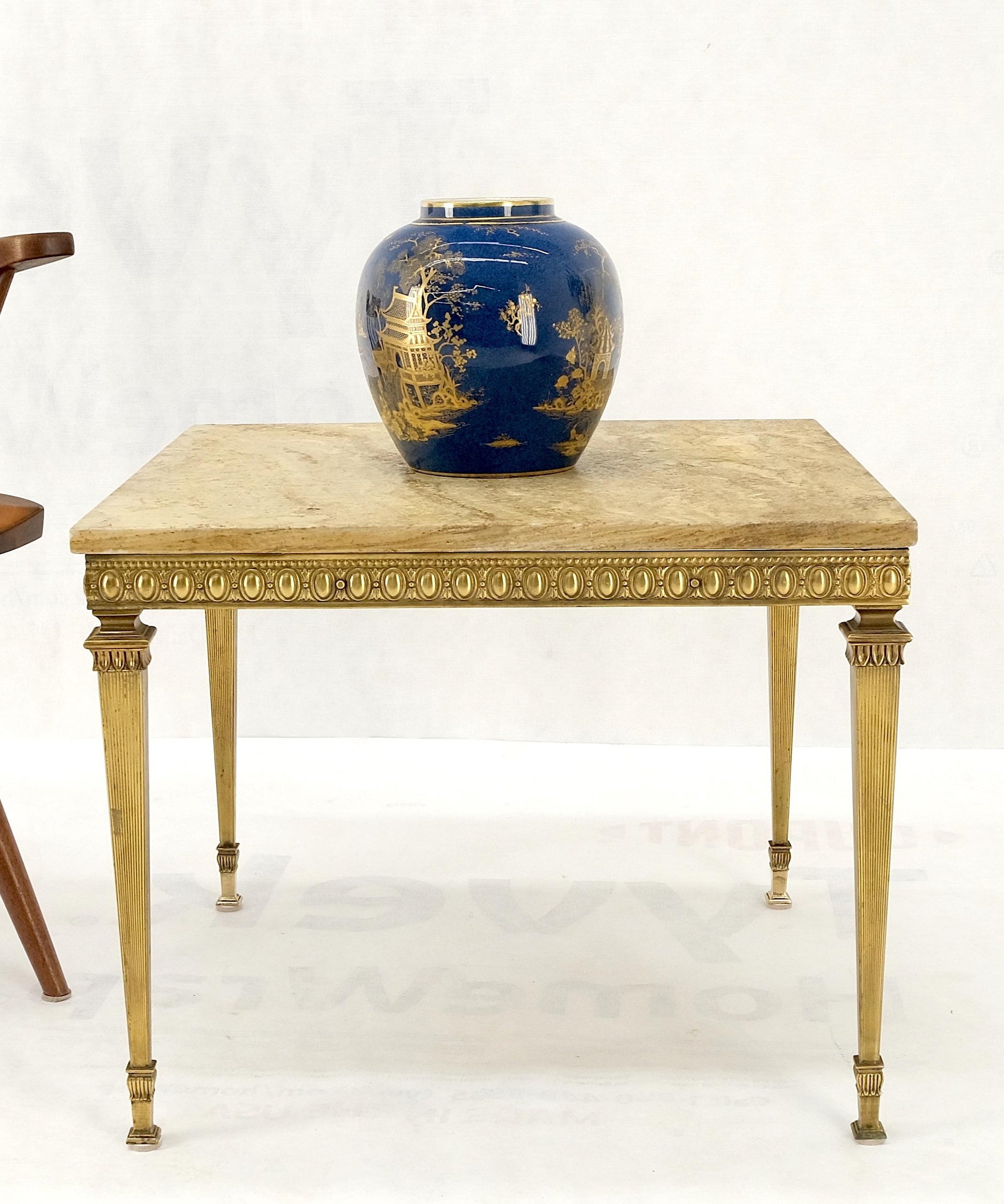 EstablishedLines Square Solid Brass or Bronze Base Travertine Top Side End Occasional Table MINT!