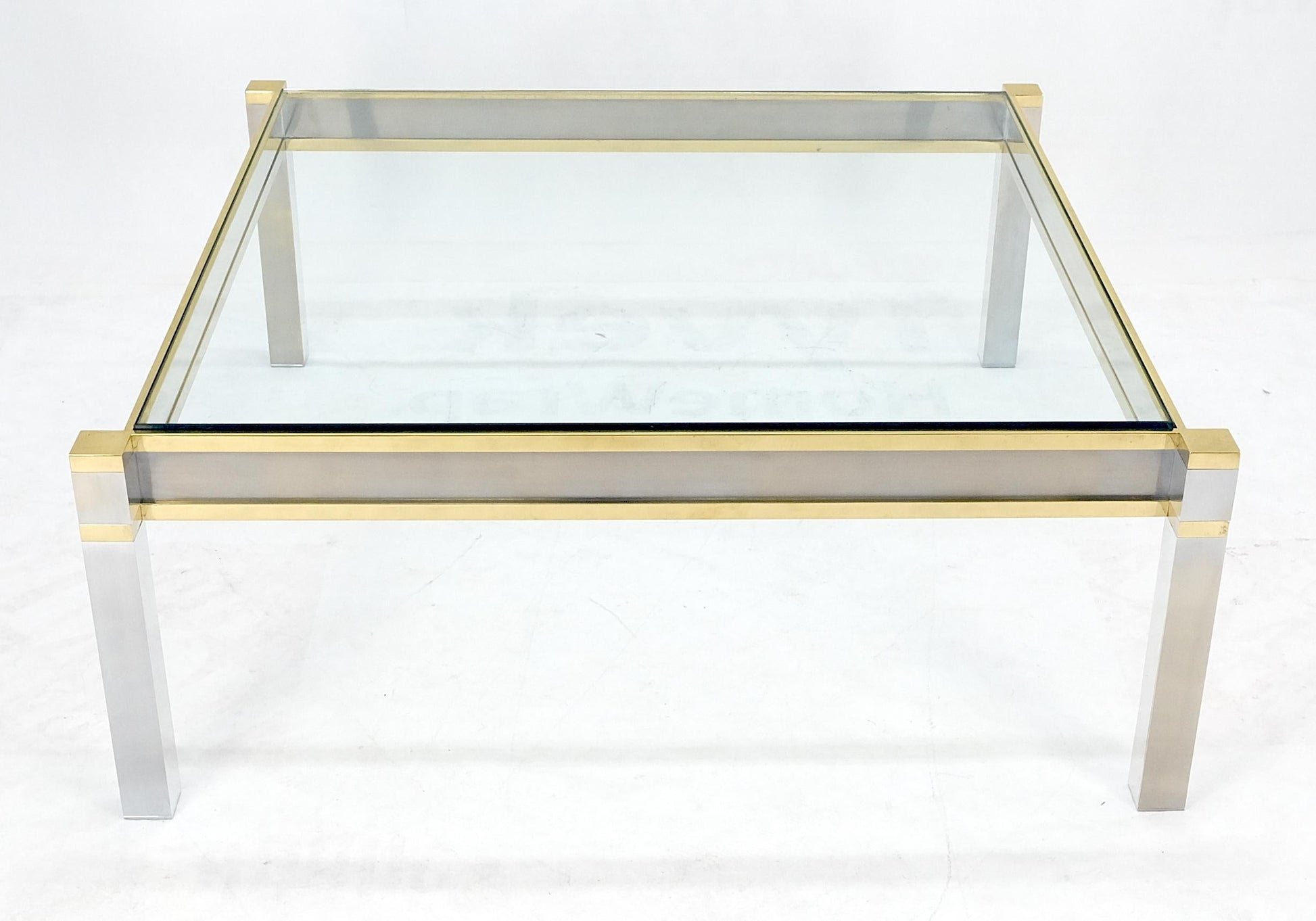 EstablishedLines Brass Stainless Steel Glass Top 44" Square Mid Century Modern Coffee Table MINT