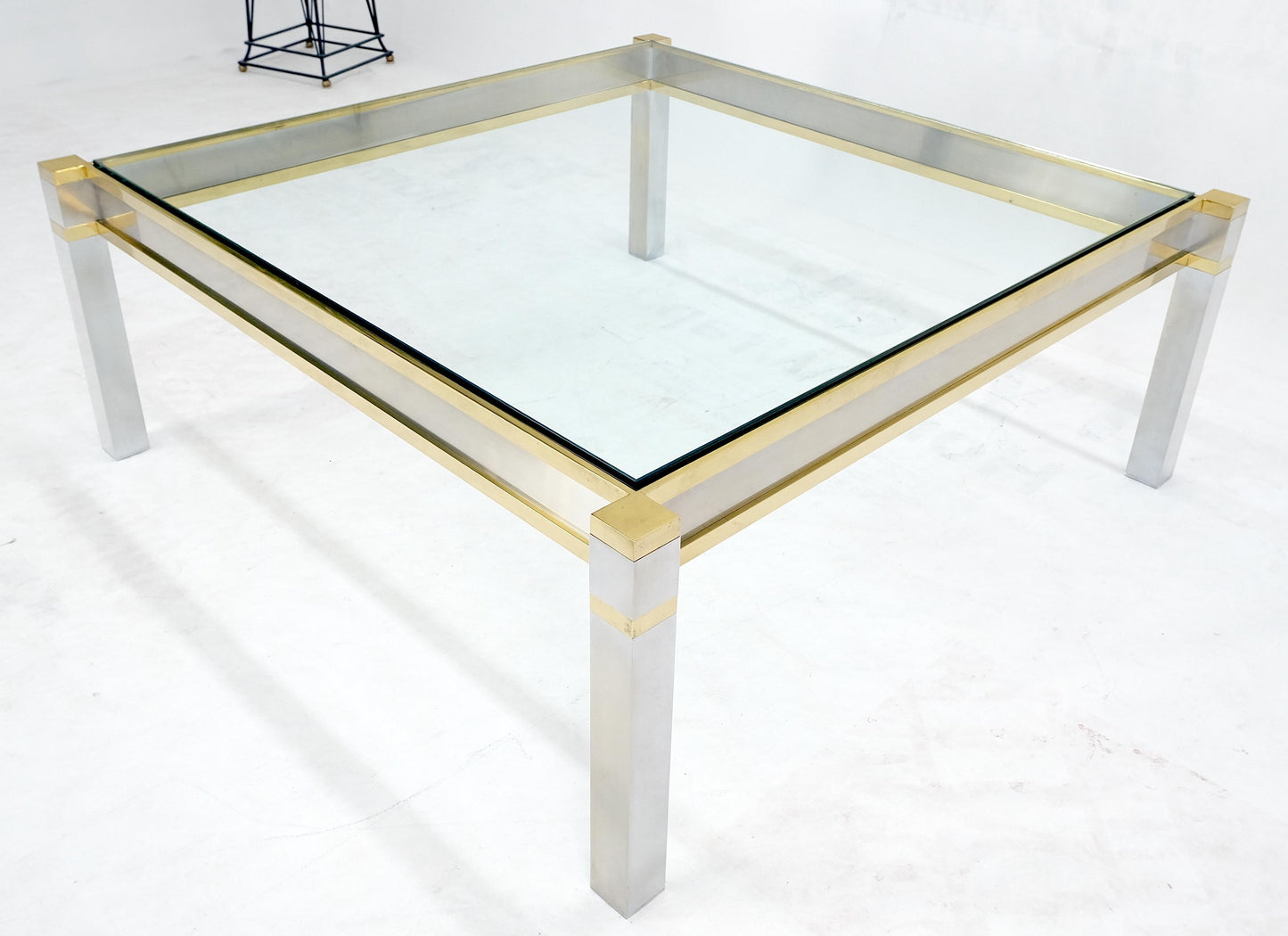 EstablishedLines Brass Stainless Steel Glass Top 44" Square Mid Century Modern Coffee Table MINT