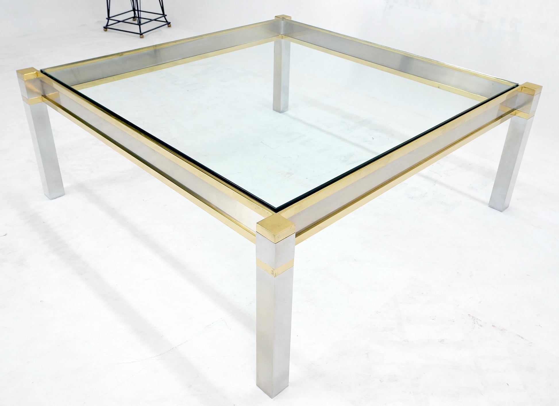 EstablishedLines Brass Stainless Steel Glass Top 44" Square Mid Century Modern Coffee Table MINT