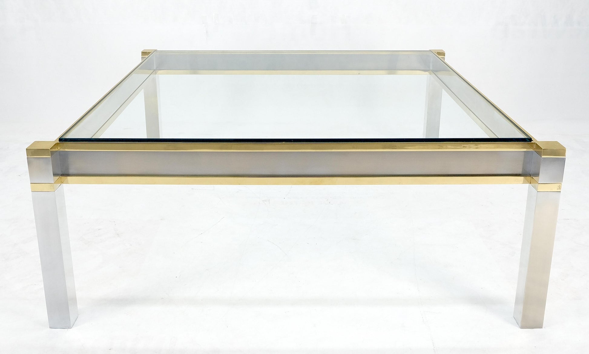 EstablishedLines Brass Stainless Steel Glass Top 44" Square Mid Century Modern Coffee Table MINT