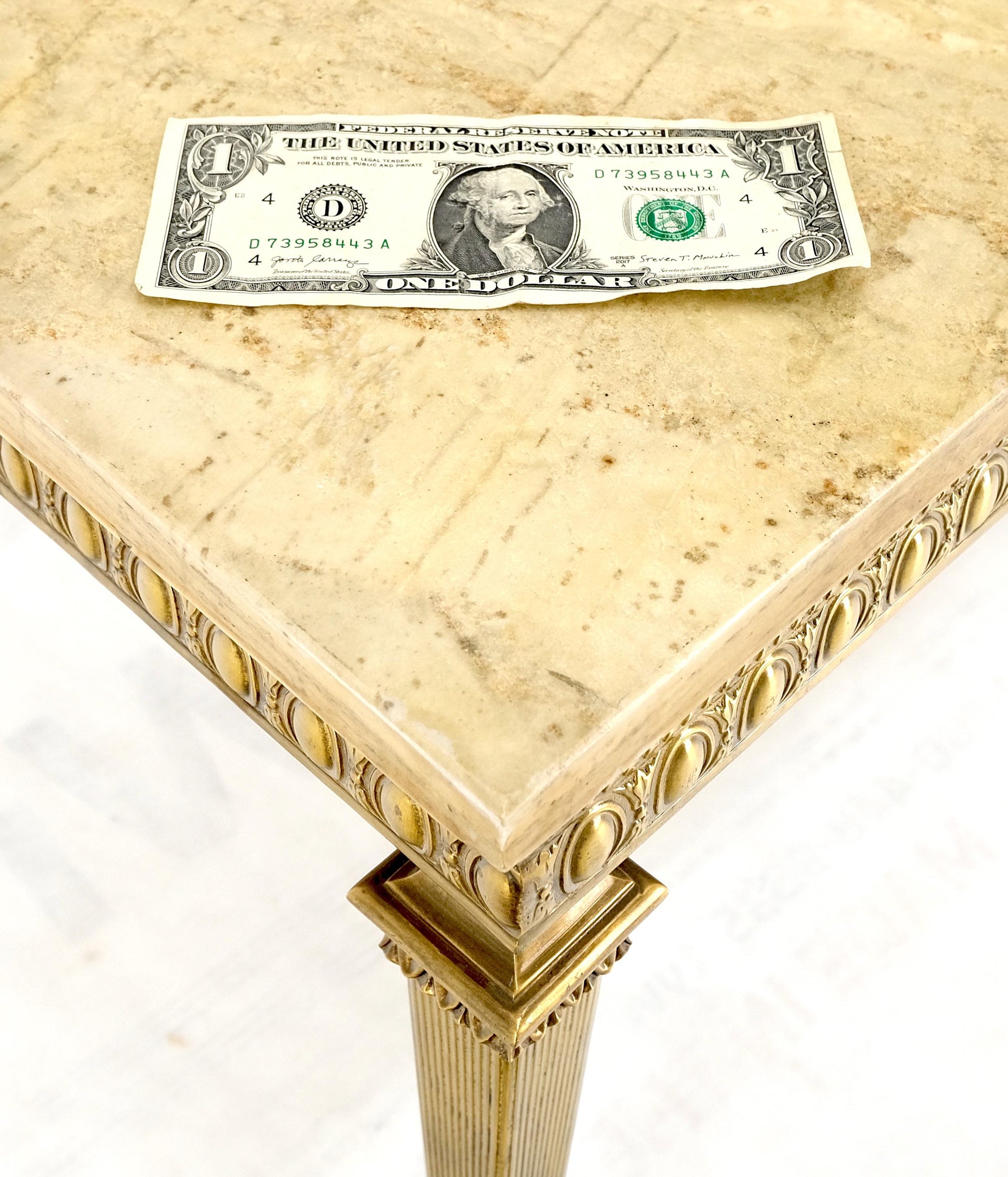 EstablishedLines Square Solid Brass or Bronze Base Travertine Top Side End Occasional Table MINT!