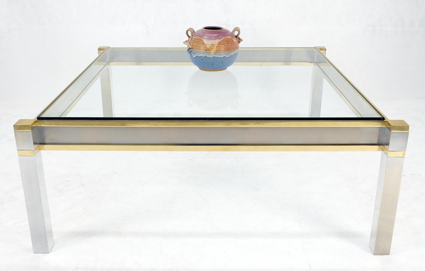 EstablishedLines Brass Stainless Steel Glass Top 44" Square Mid Century Modern Coffee Table MINT