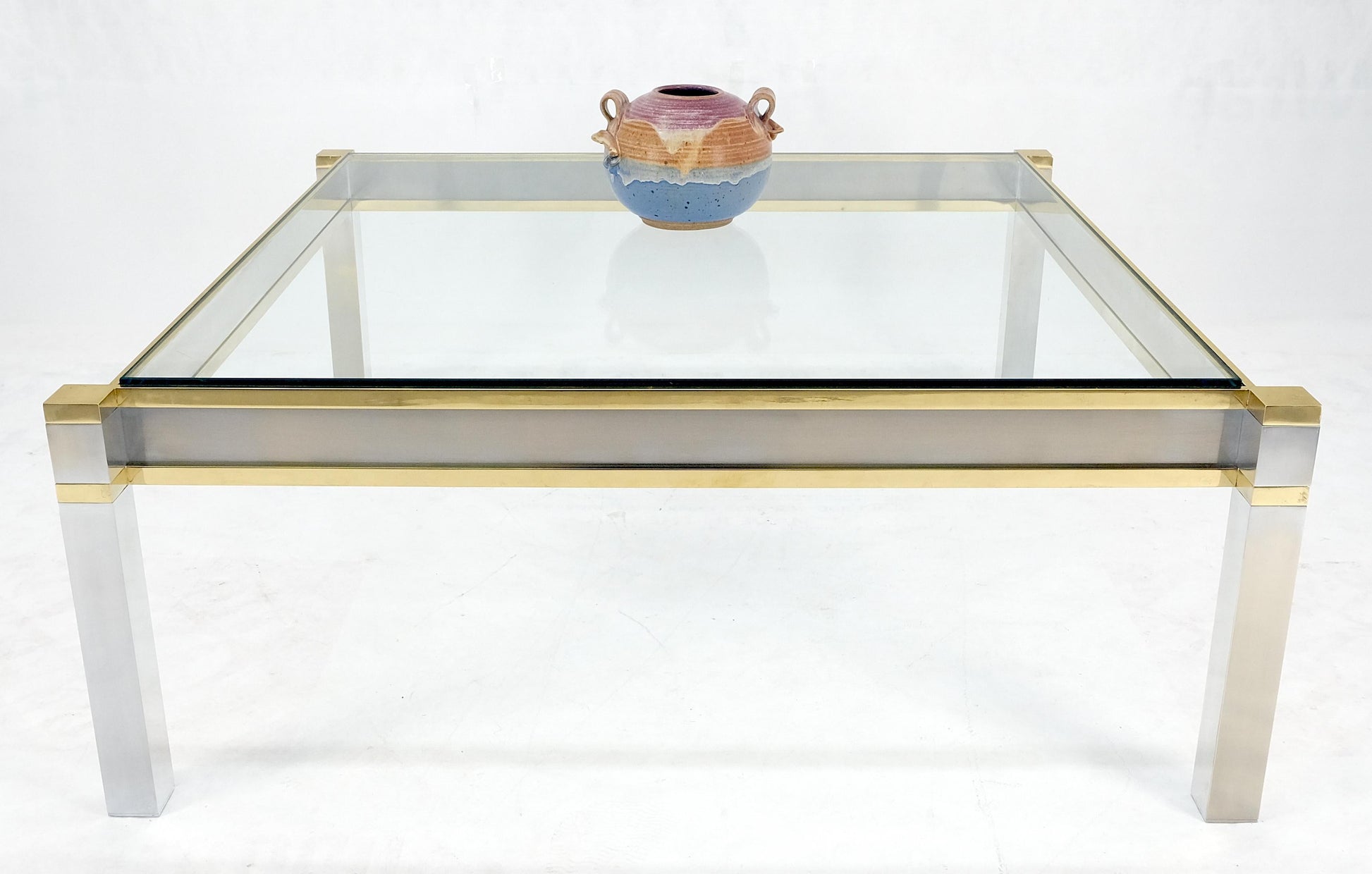 EstablishedLines Brass Stainless Steel Glass Top 44" Square Mid Century Modern Coffee Table MINT